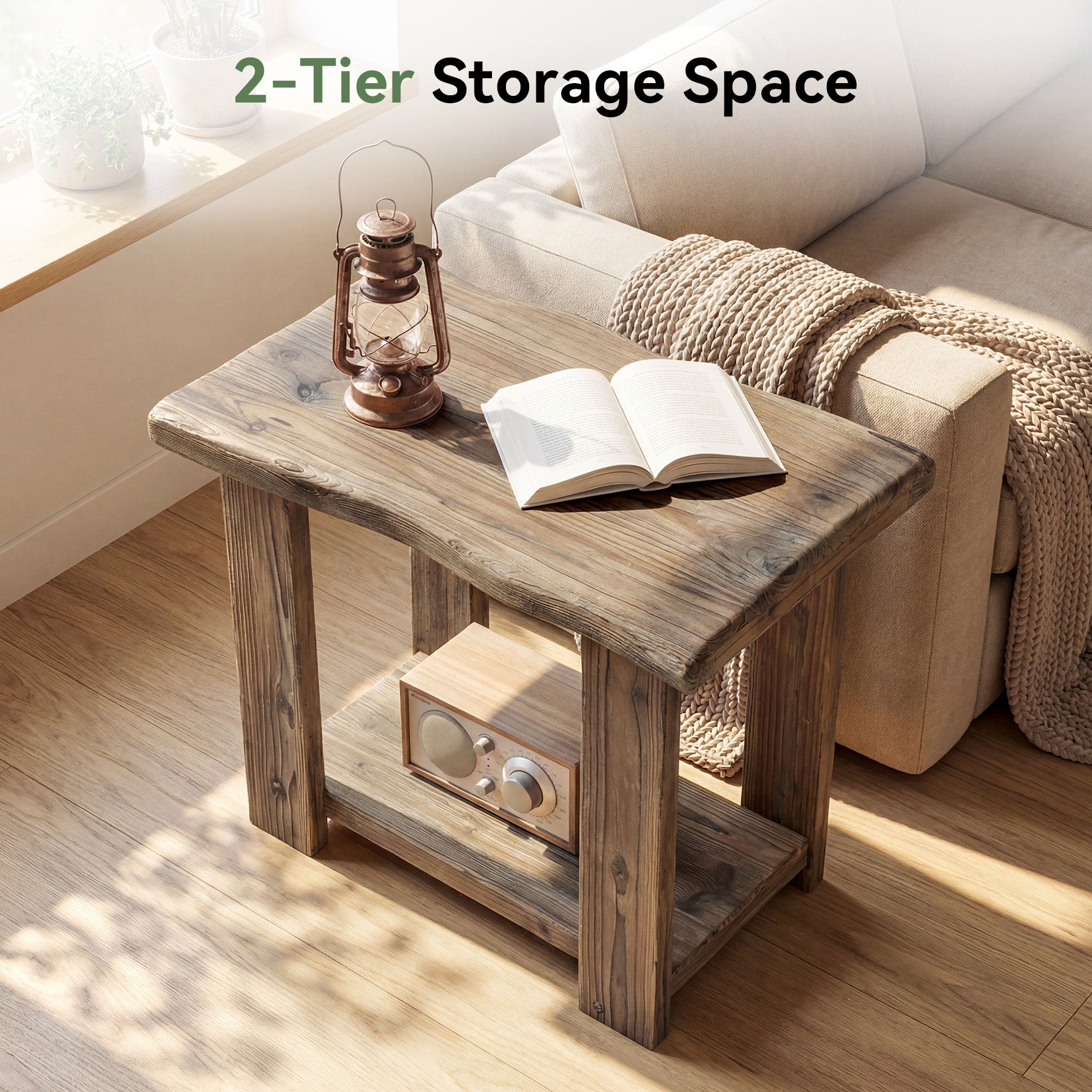 2-Tier Solid Wood End Table, Rectangle Side Table Nightstands for Living Room, Bedroom