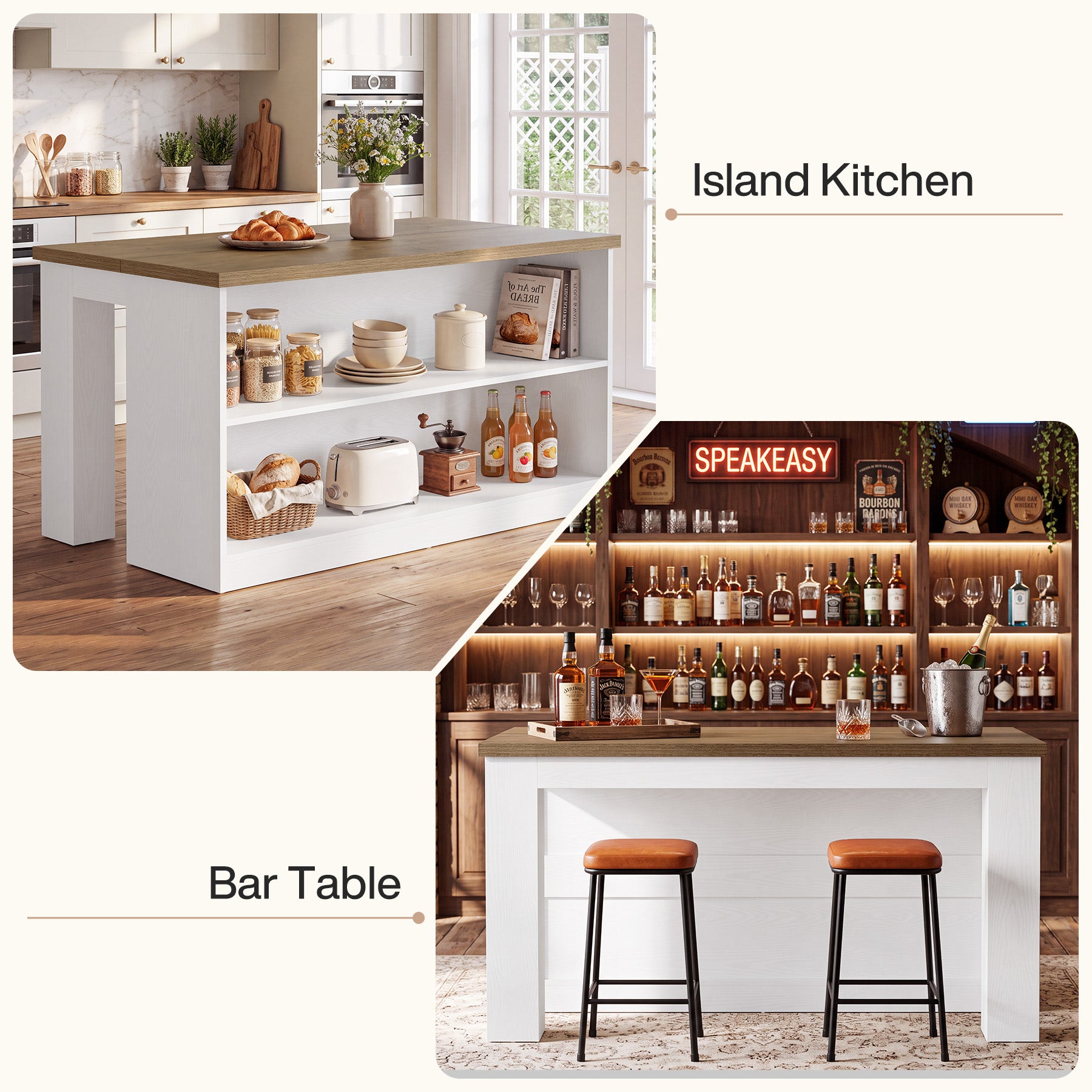 55" Farmhouse Kitchen Island, Stationary Island Prep Dining Table with 2-Tier Open Shelves