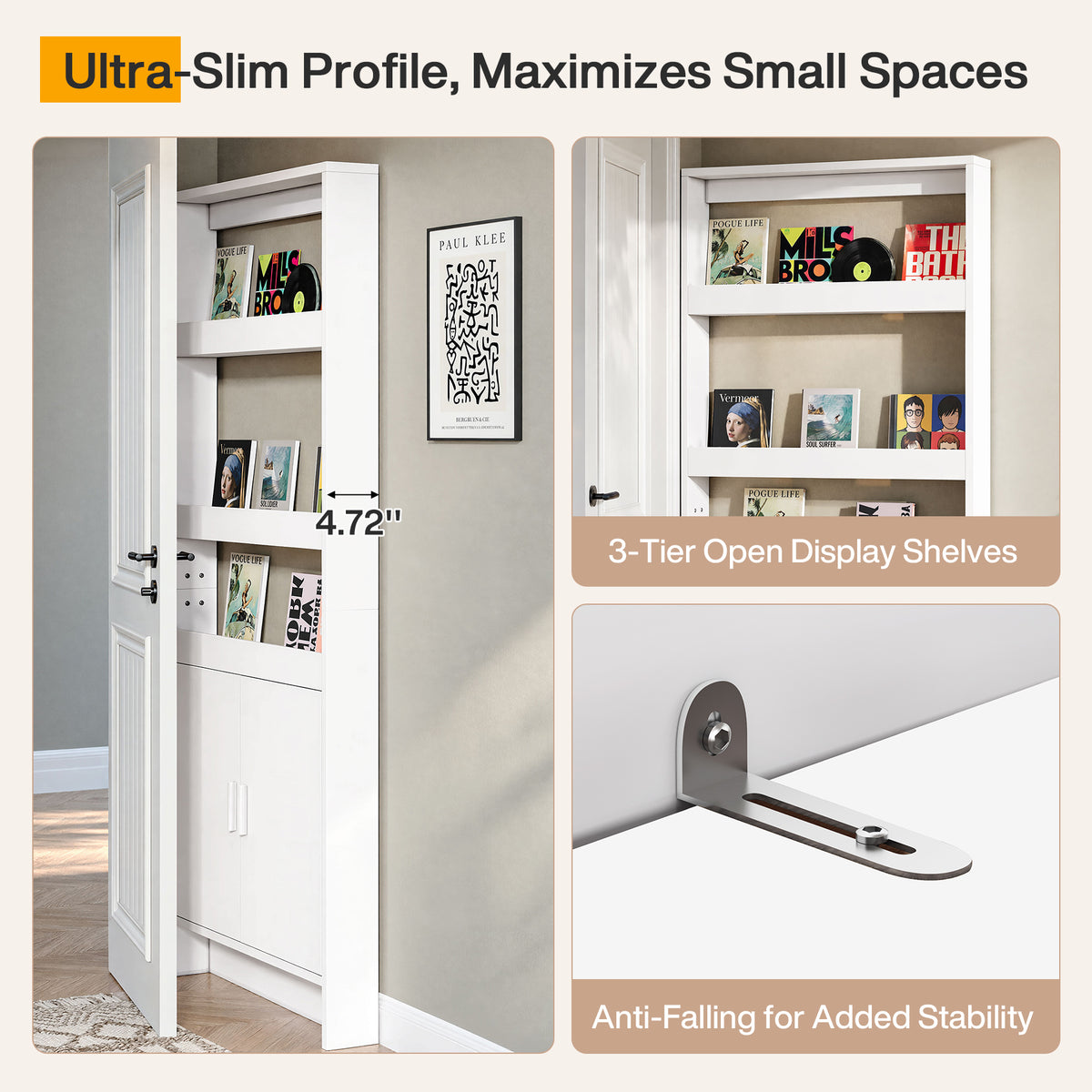 70.9" H Behind The Door Bookshelf, 5-Tier Narrow Bookcase with Open Shelves & Closed Cabinet