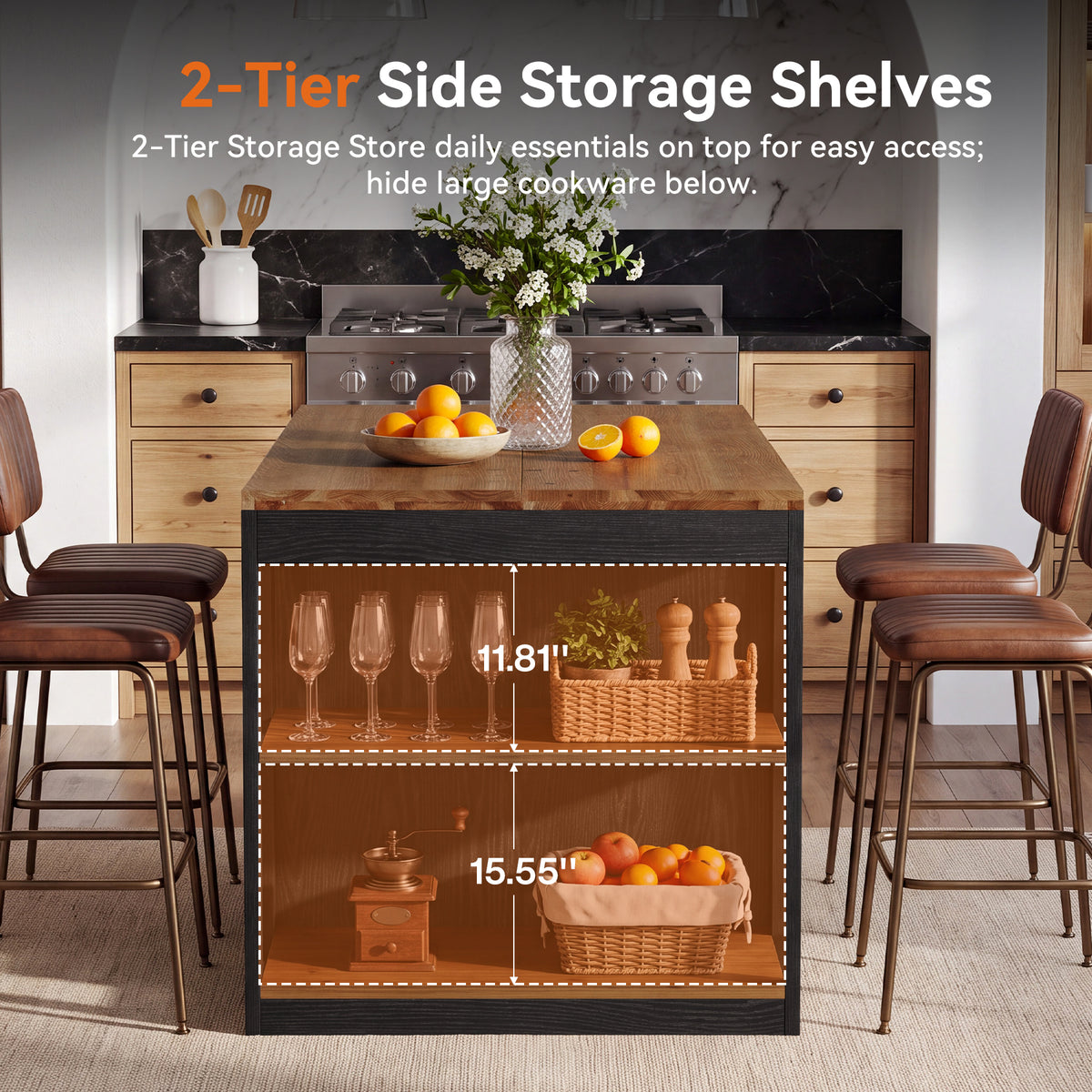 63" Farmhouse Solid Wood Kitchen Island, 2-Tier Side Storage