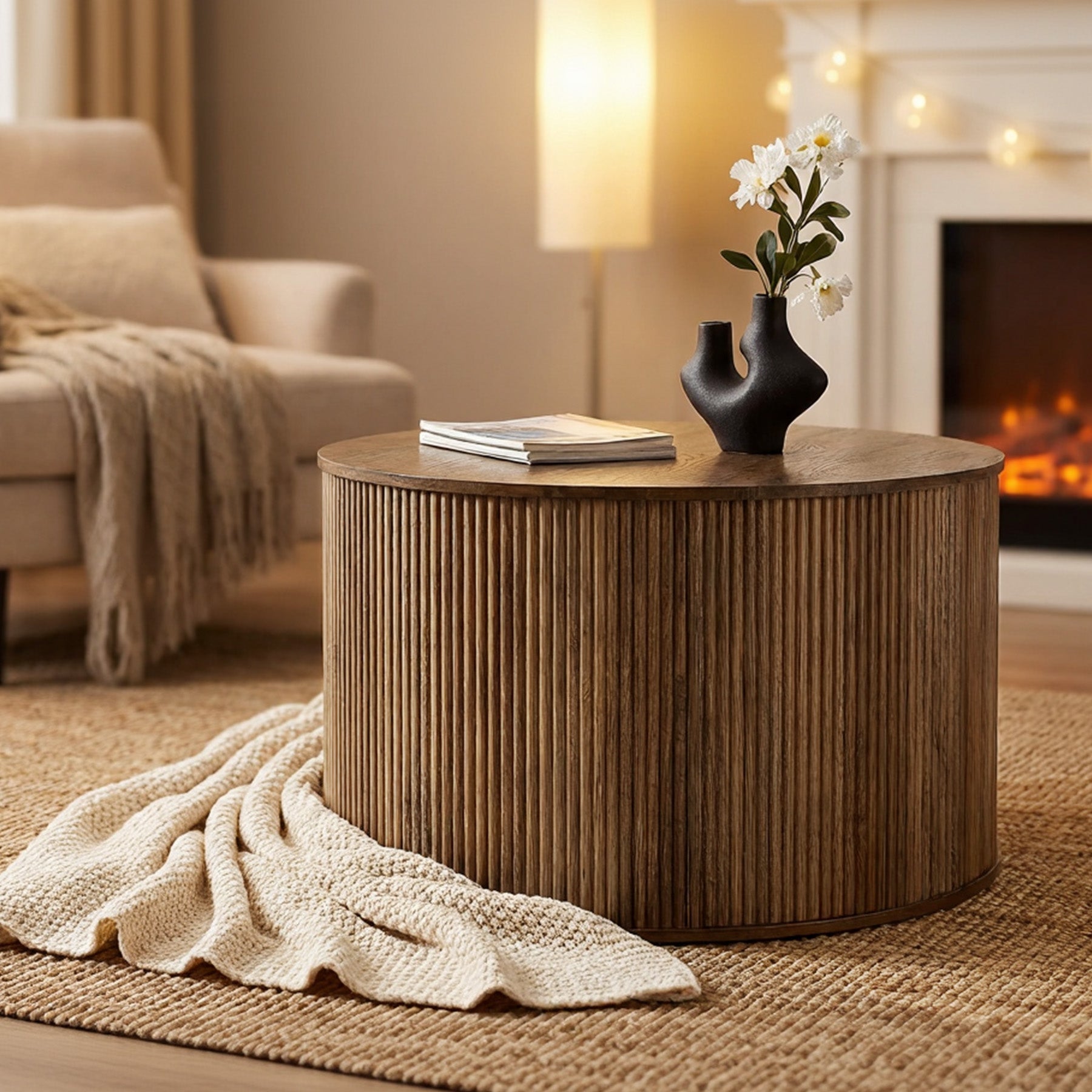 31.5" Round Coffee Table, Modern Center Table with Wooden Veneer Top