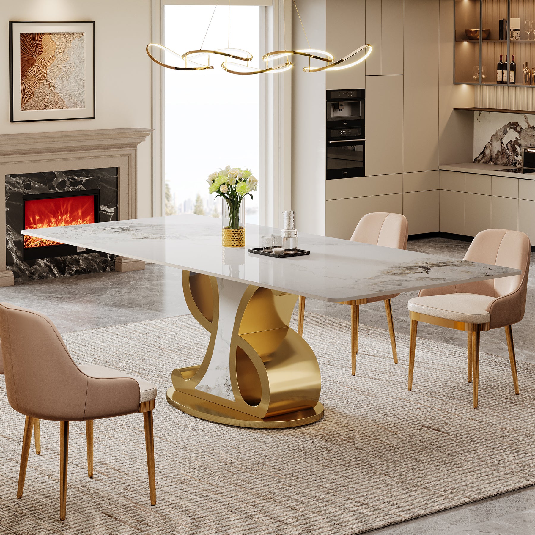 78.7" Sintered Stone Dining Table, Luxury Kitchen Table with Stainless Steel Base for 8-10