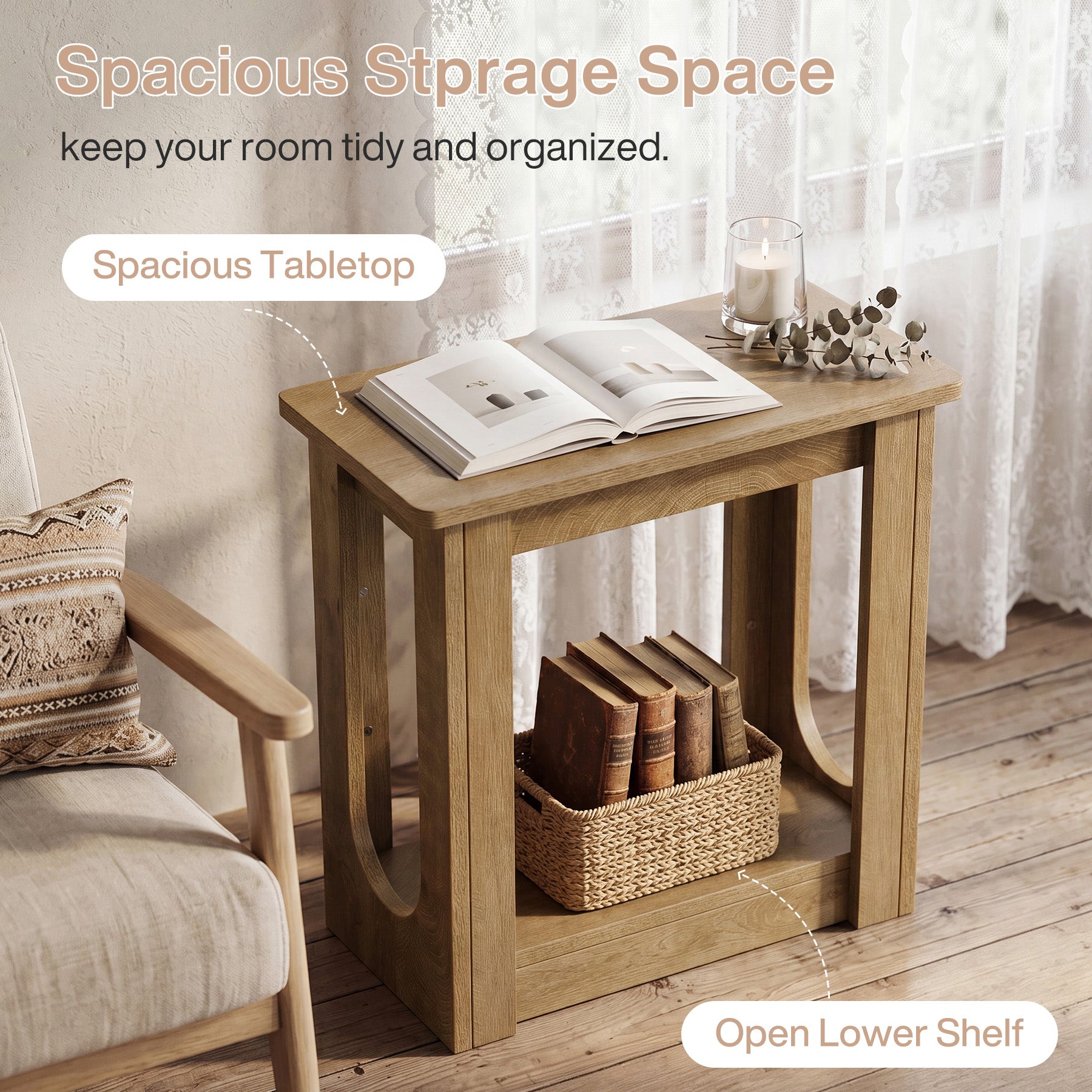 23.62" End Table with Storage Shelves, Narrow Side Table Nightstand for Living Room