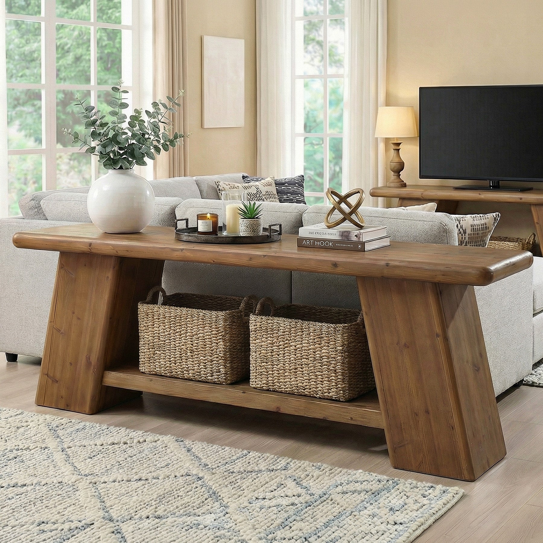 63" Solid Wood Console Table with Storage Shelf, Farmhouse Sofa Table for Behind Couch or Entryway