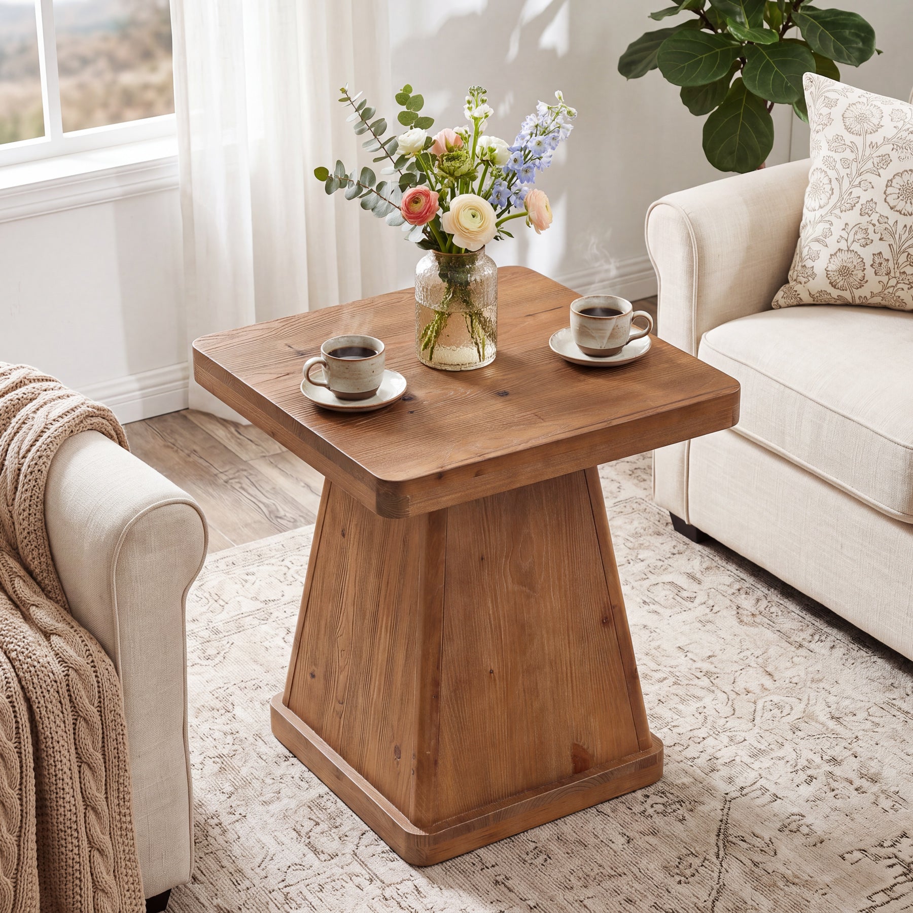 19.69" Square Solid Wood End Table, Accent Side Table with Pedestal Base for Living Room
