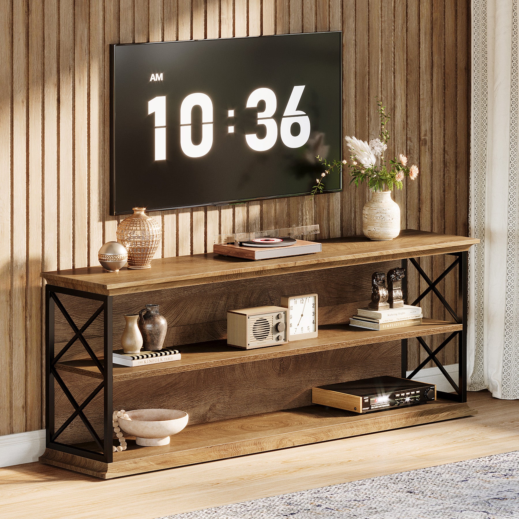 63" Industrial TV Stand for 55–75 Inch TVs, Wood & Metal Entertainment Center with 3-Tier Open Shelves
