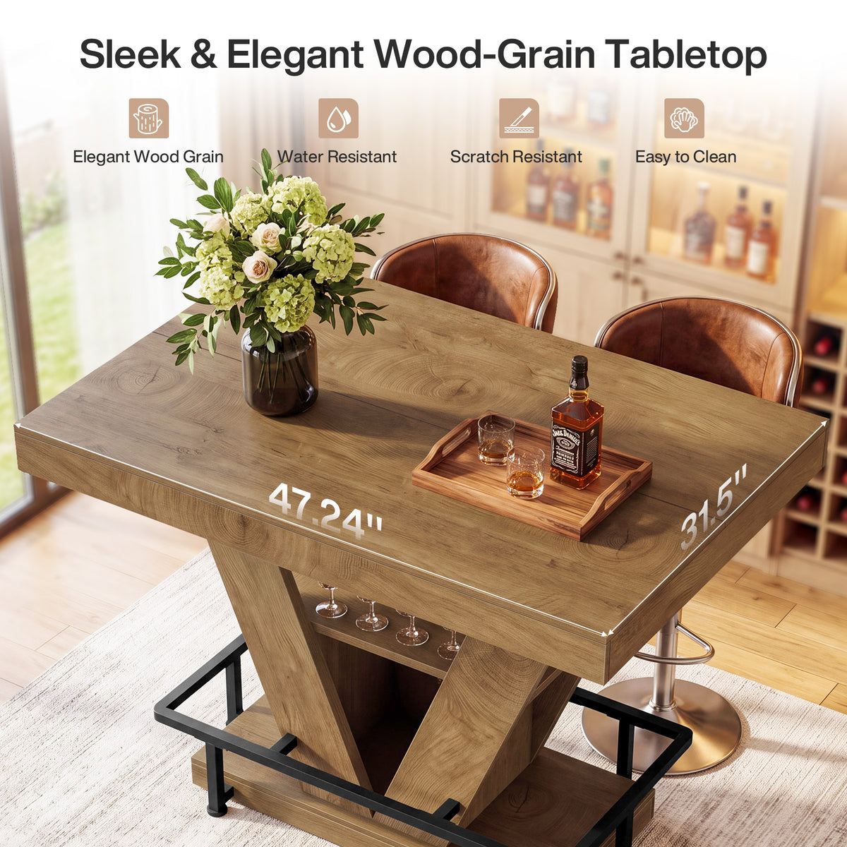 47" Counter Height Bar Table with Footrest, V-Shaped Support & 2-Tier Storage
