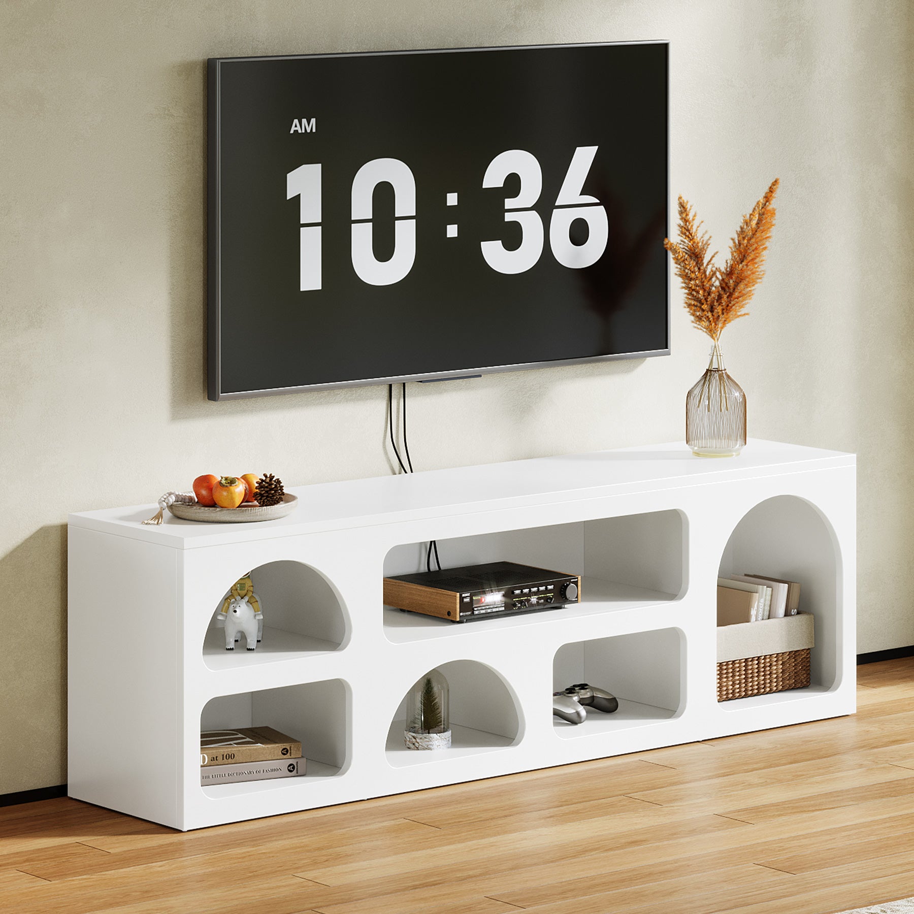 63" TV Stand for 60 to 70 Inch TVs, Modern White Media Console with 6 Open Shelves