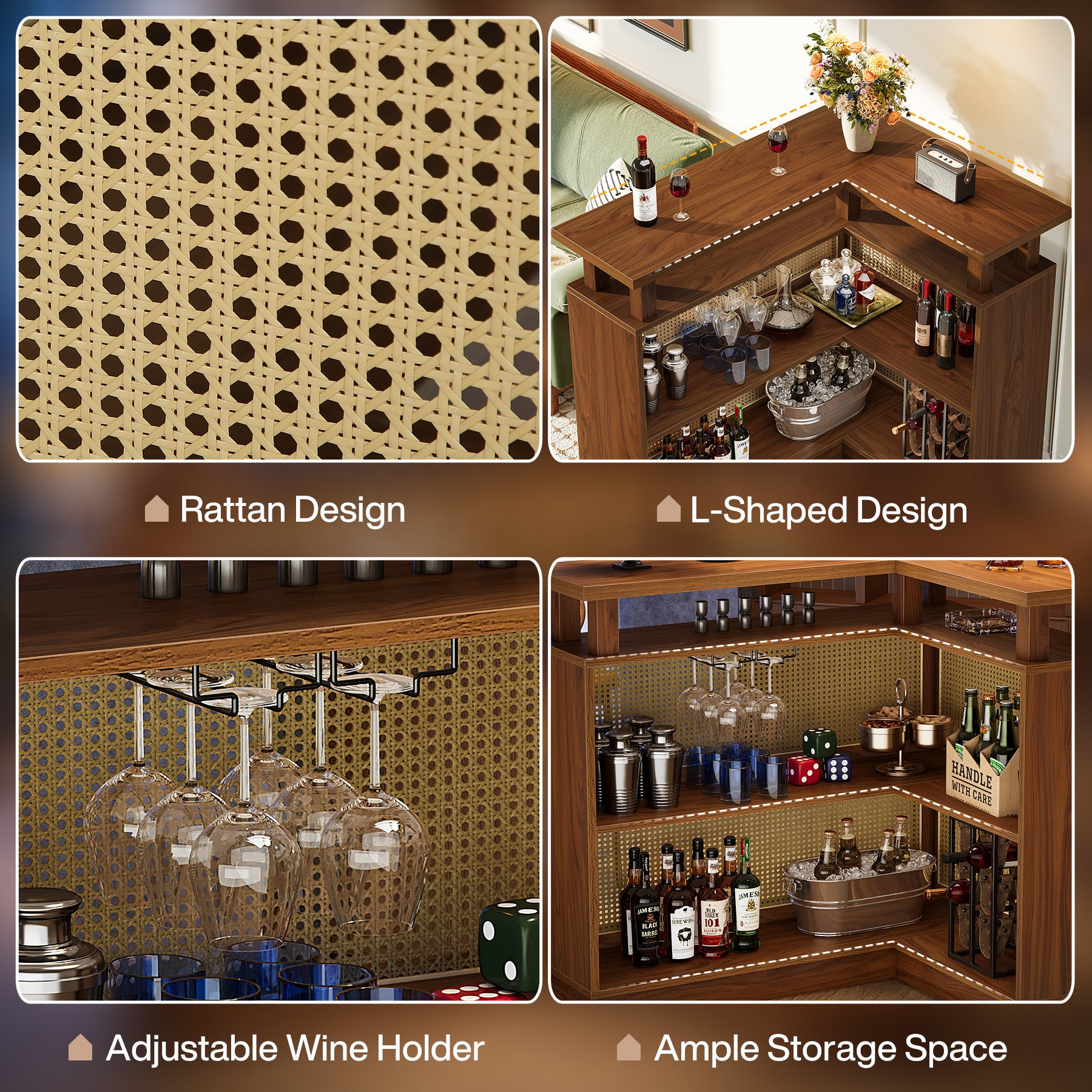 L-Shaped Home Bar Unit, Rattan Bar Table Liquor Cabinet with 4-Tier Storage Shelf