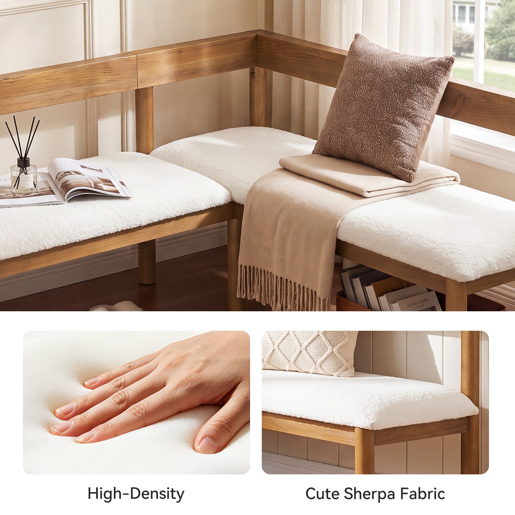 Solid Wood L-Shaped Bench, Upholstered Corner Kitchen Bench with Backrest