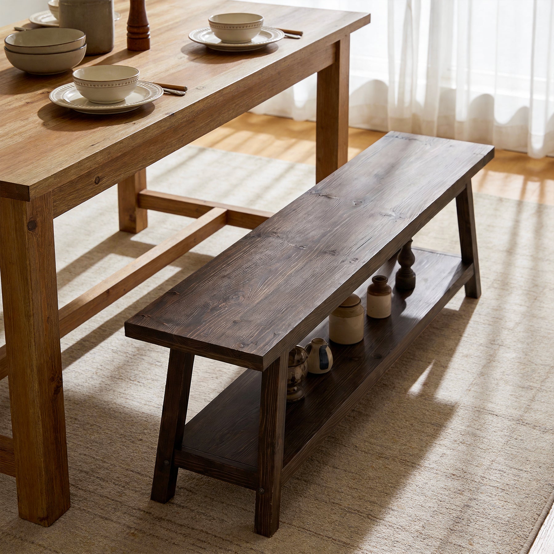 63" Wood Dining Room Bench, Farmhouse Kitchen Bench Seating with Storage Shelf