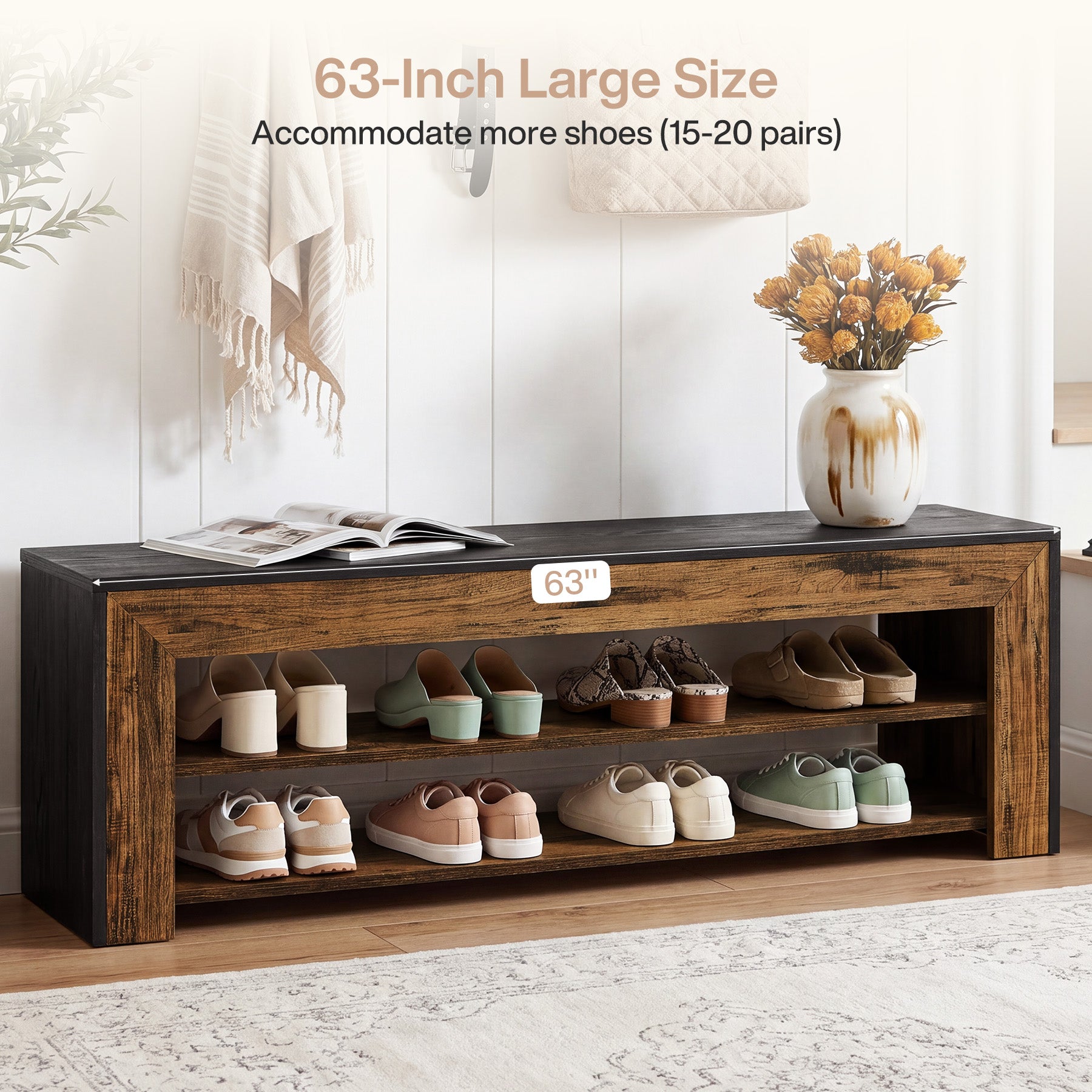 63" Entryway Shoe Bench, 3-Tier End of Bed Bench with Storage Shelves for Hallway
