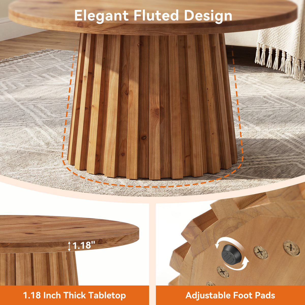32" Round Fluted Coffee Table, Farmhouse Solid Wood Living Room, Circle Center Tea Table