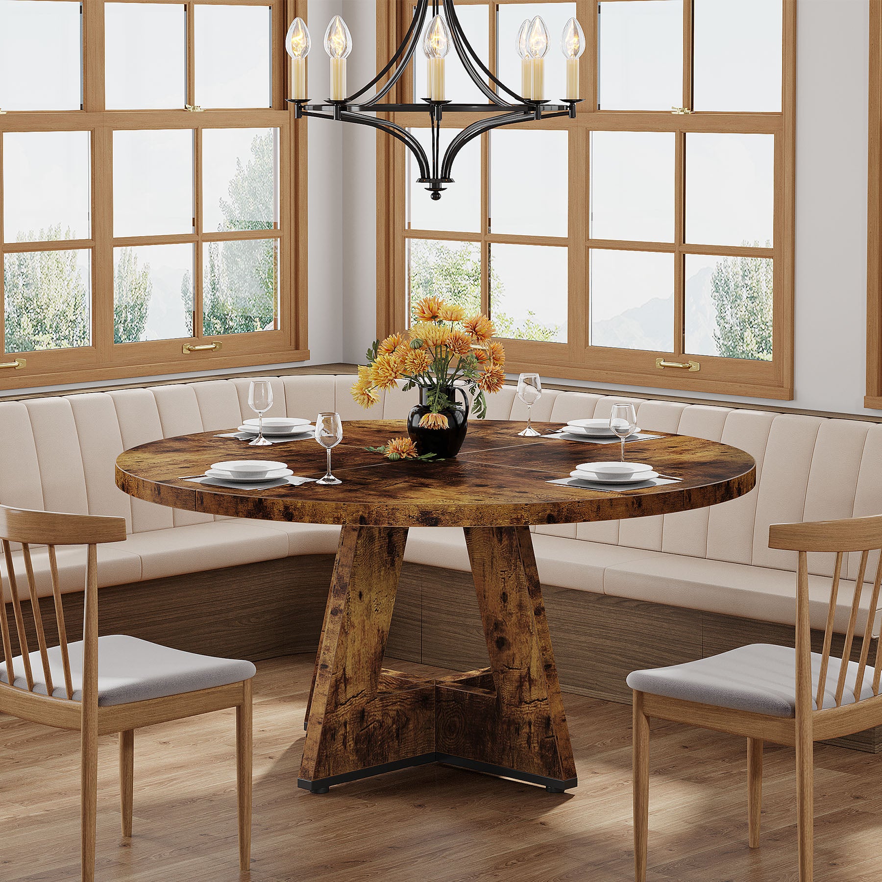47" Round Farmhouse Dining Table for 4 People, Rustic Dining Room Table