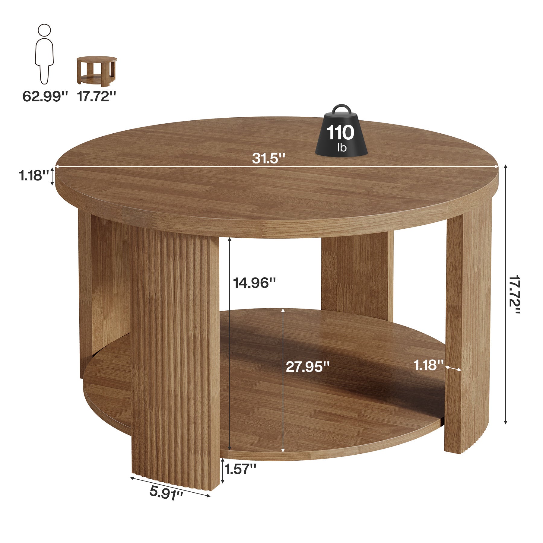 2-Tier Round Coffee Table, 31.5" Circle Accent Center Table with Thick Tabletop