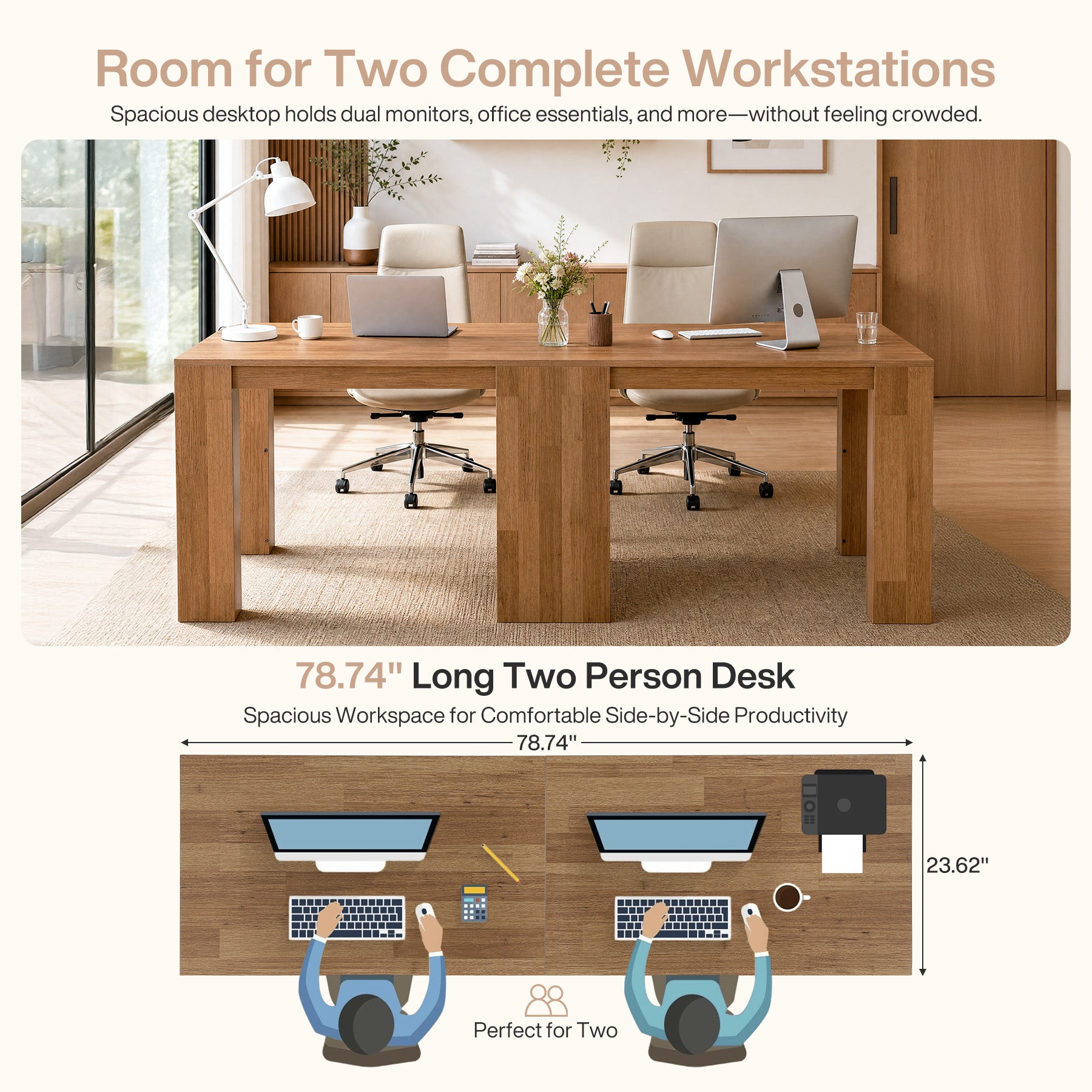 78.7" Two-Person Desk, Extra-Long Computer Desk with Shelves Fits 2 Monitors