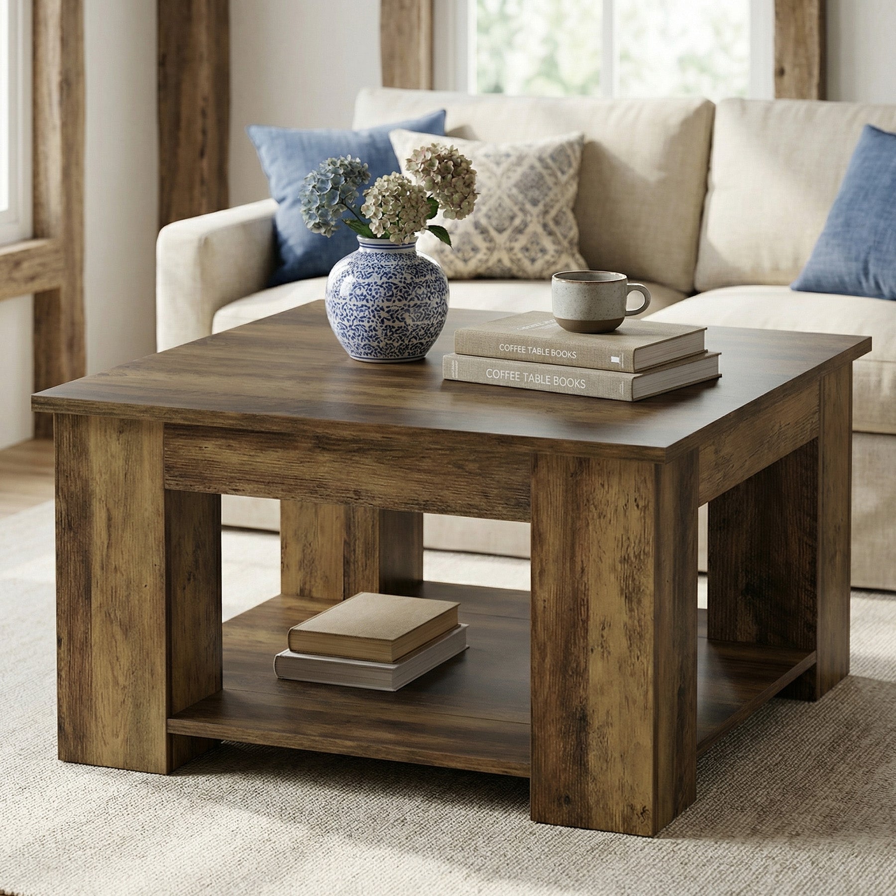 31.5" Square Coffee Table, 2-Tier Center Table Cocktail Tea Furniture for Living Room