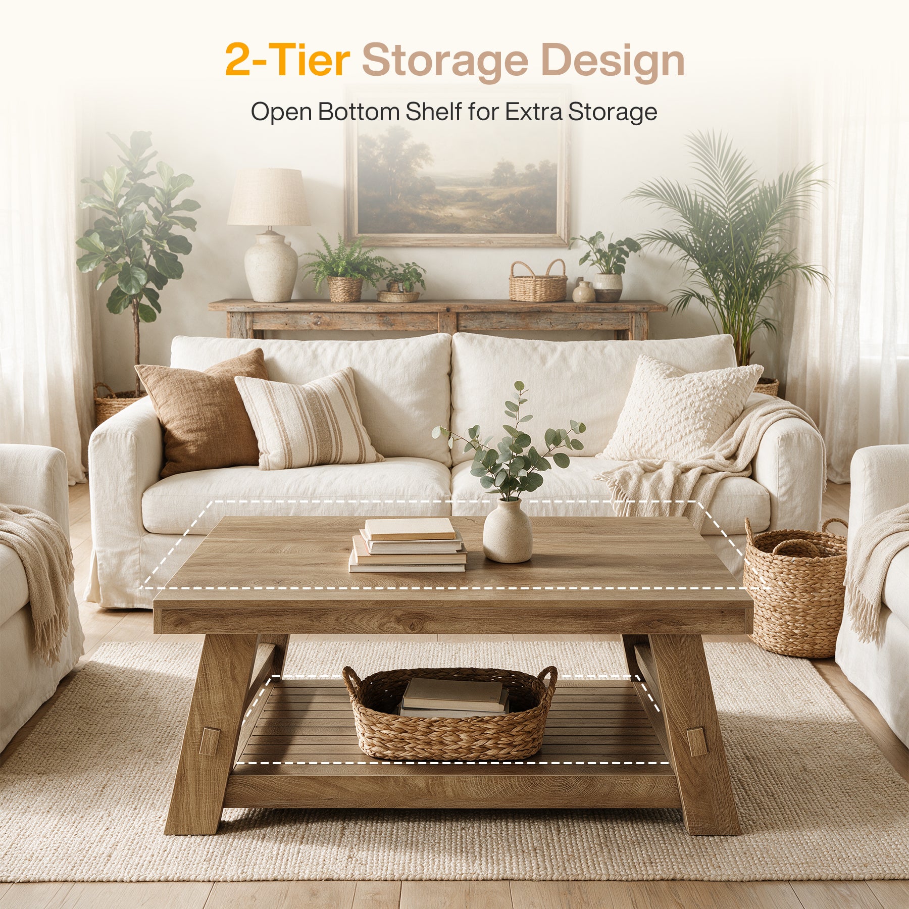 39" Square Coffee Table, 2-Tier Slatted Storage Shelf, Farmhouse Living Room