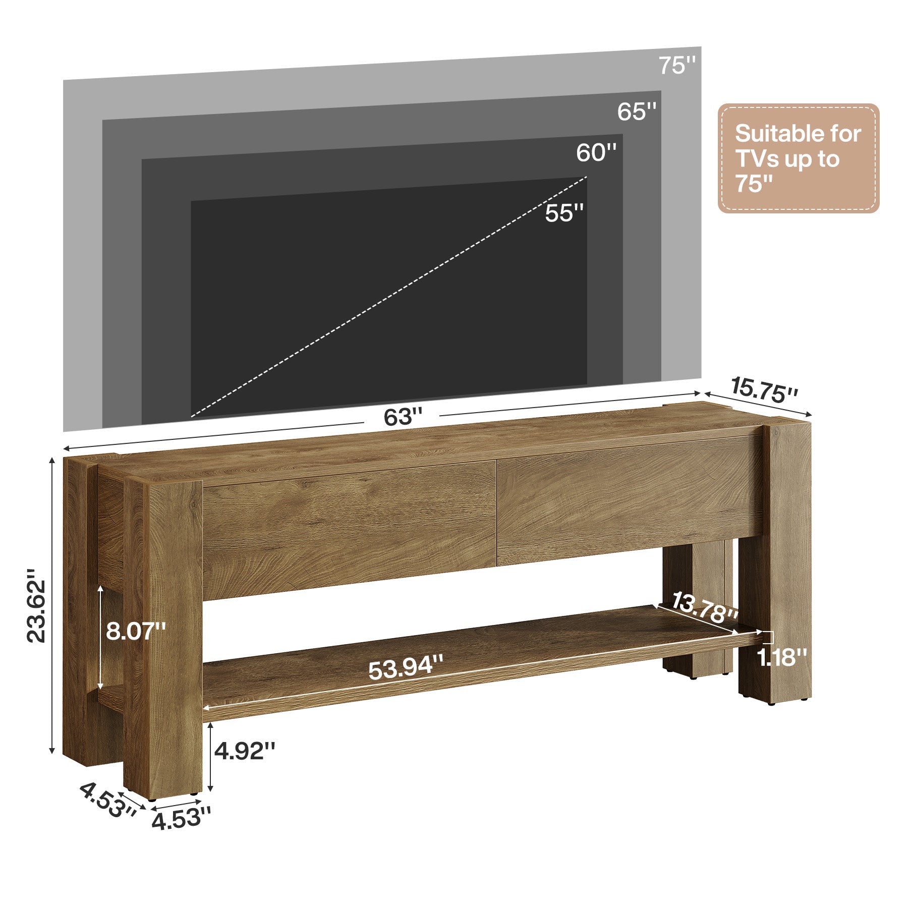 63" TV Stand for TVs up to 75", Entertainment Center with 2 Drawers & Shelves