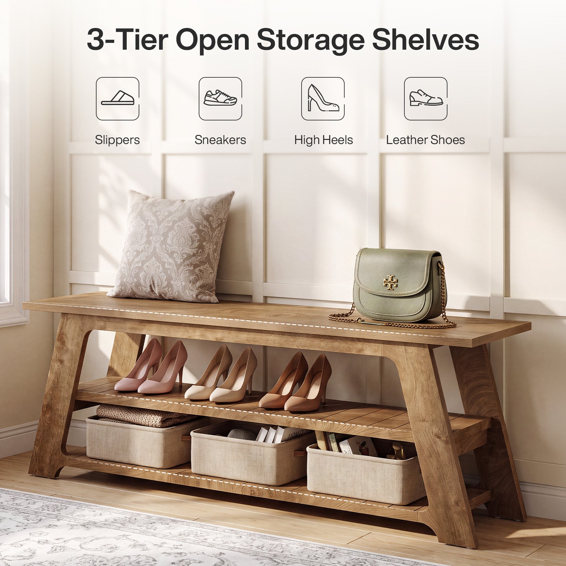 63" Entryway Shoe Storage Bench, Hallway Seating Bench End of Bed Benches