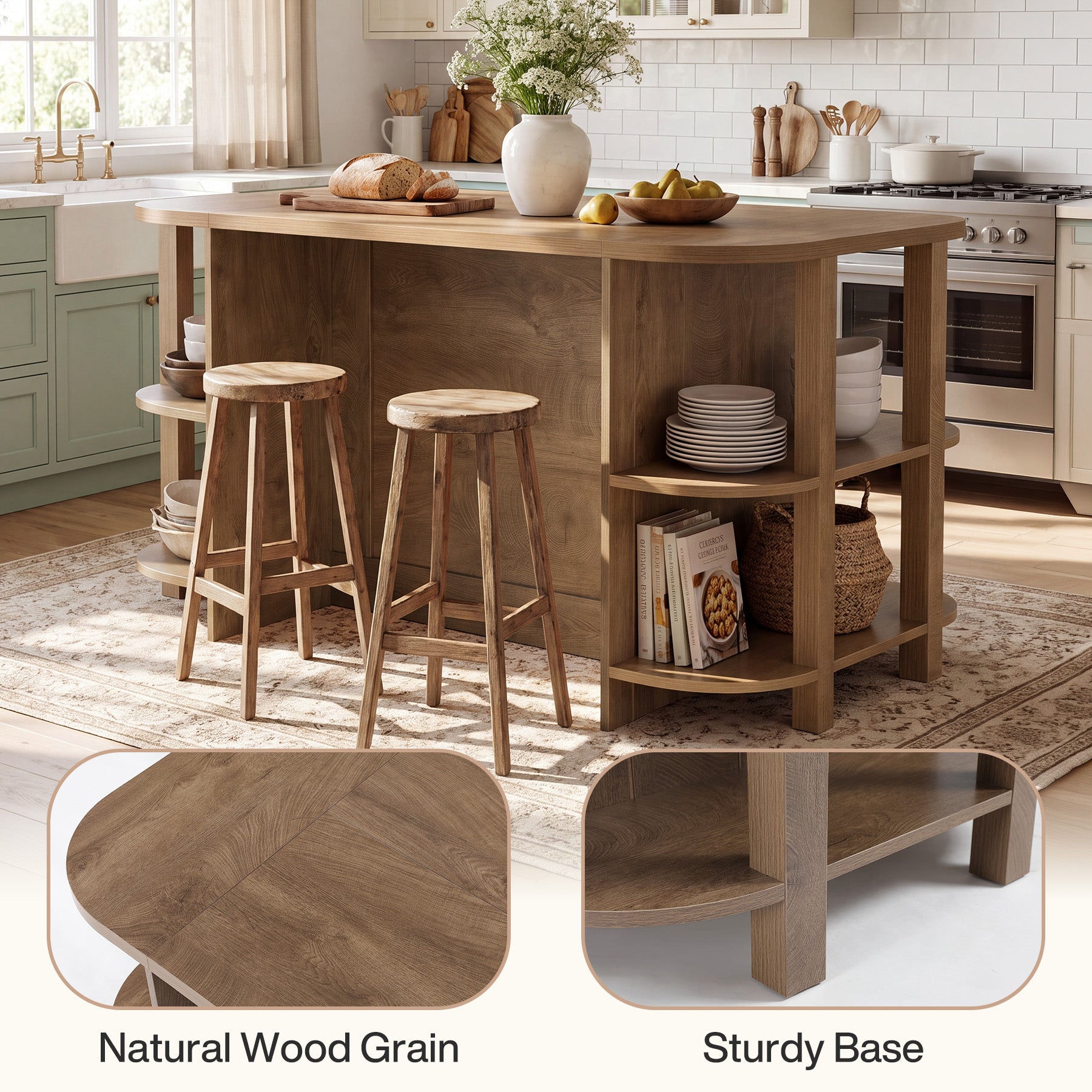 63" Farmhouse Kitchen Island, Counter Height Bar Table with 3-Tier Storage