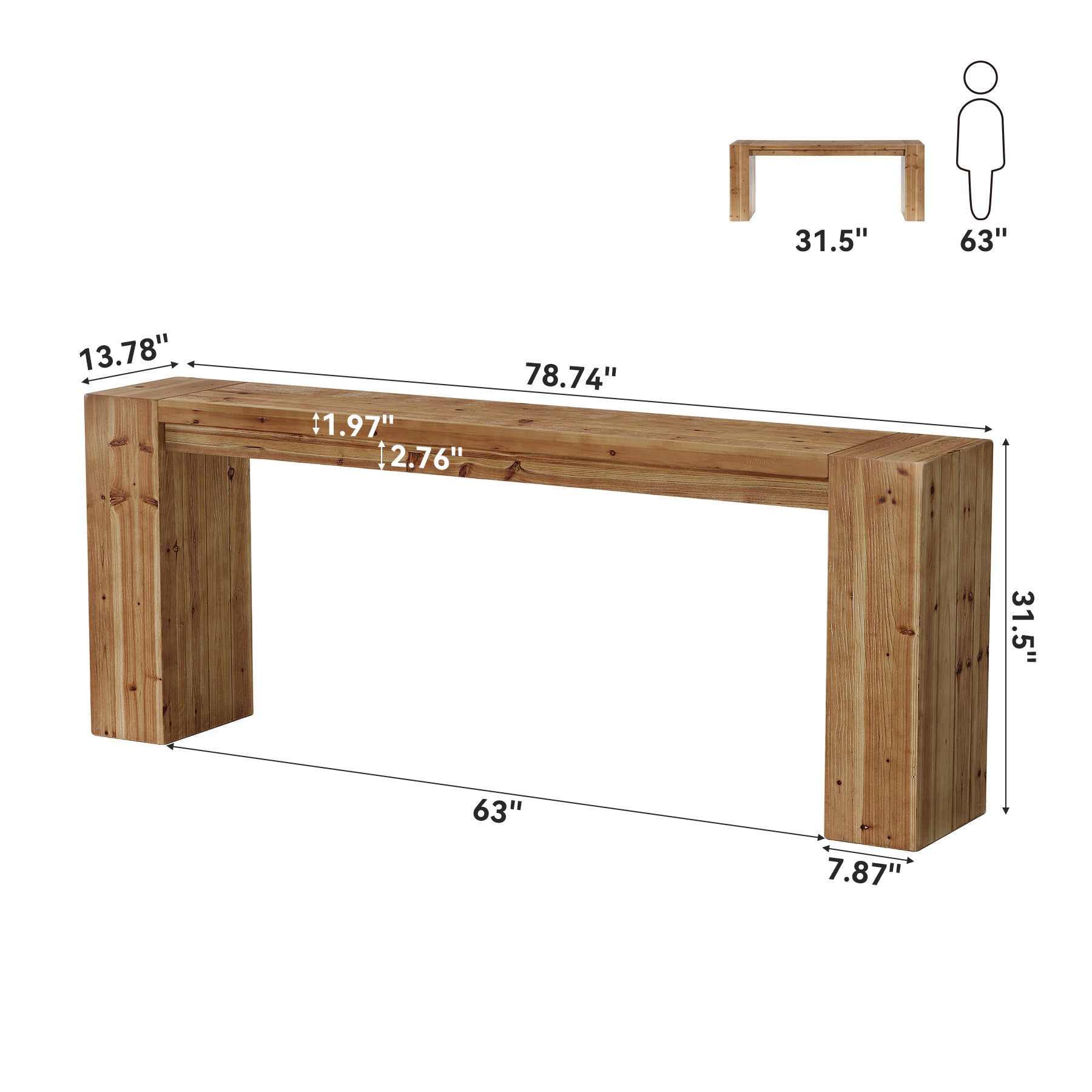 79" Extra Long Console Table, Solid Wood Narrow Sofa Table, Farmhouse Chunky Legs, Entryway