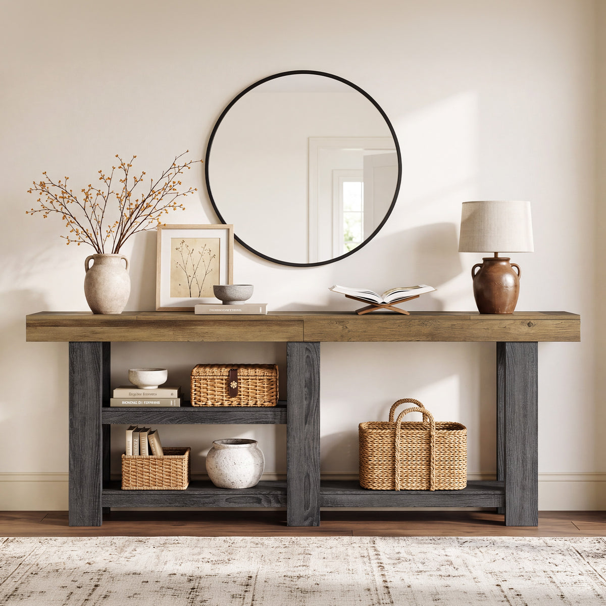 78.75" Console Table, Farmhouse Entryway Sofa Table with Muti-tier Open Shelf