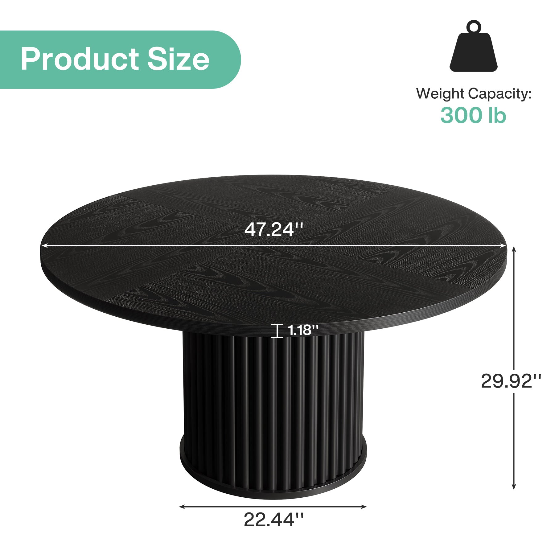 47" Round Dining Table, Wood Kitchen Table With Sturdy Fluted Metal Base