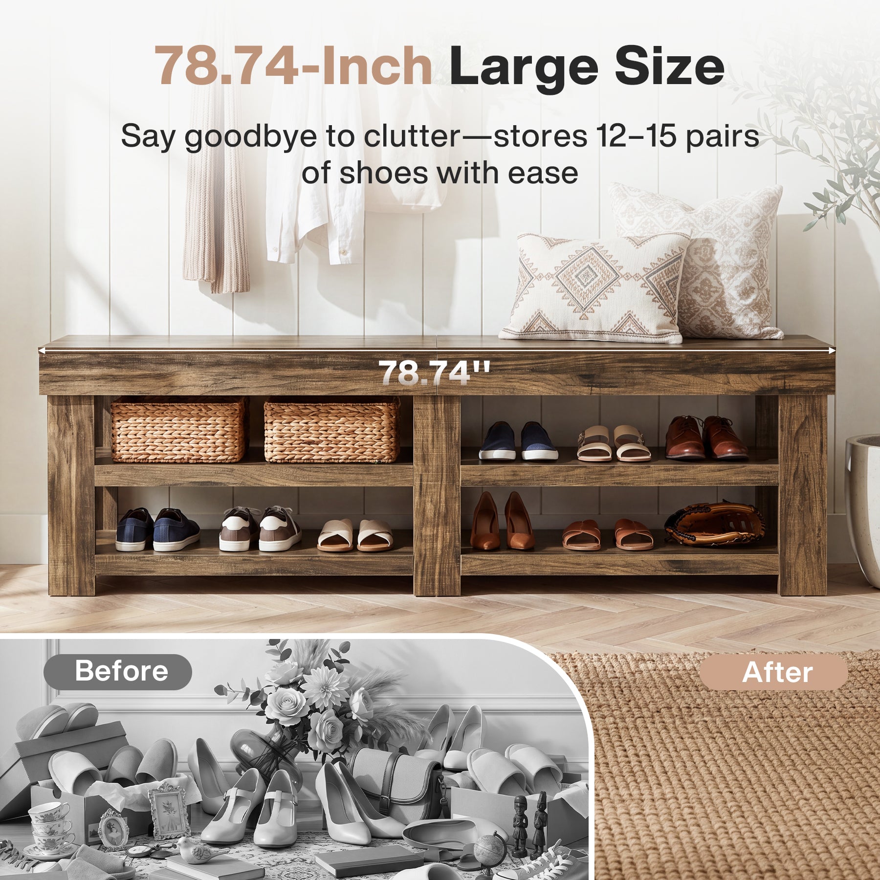 79" Extra Long Entryway Bench with Shoe Storage, Farmhouse Wood Shoe Bench