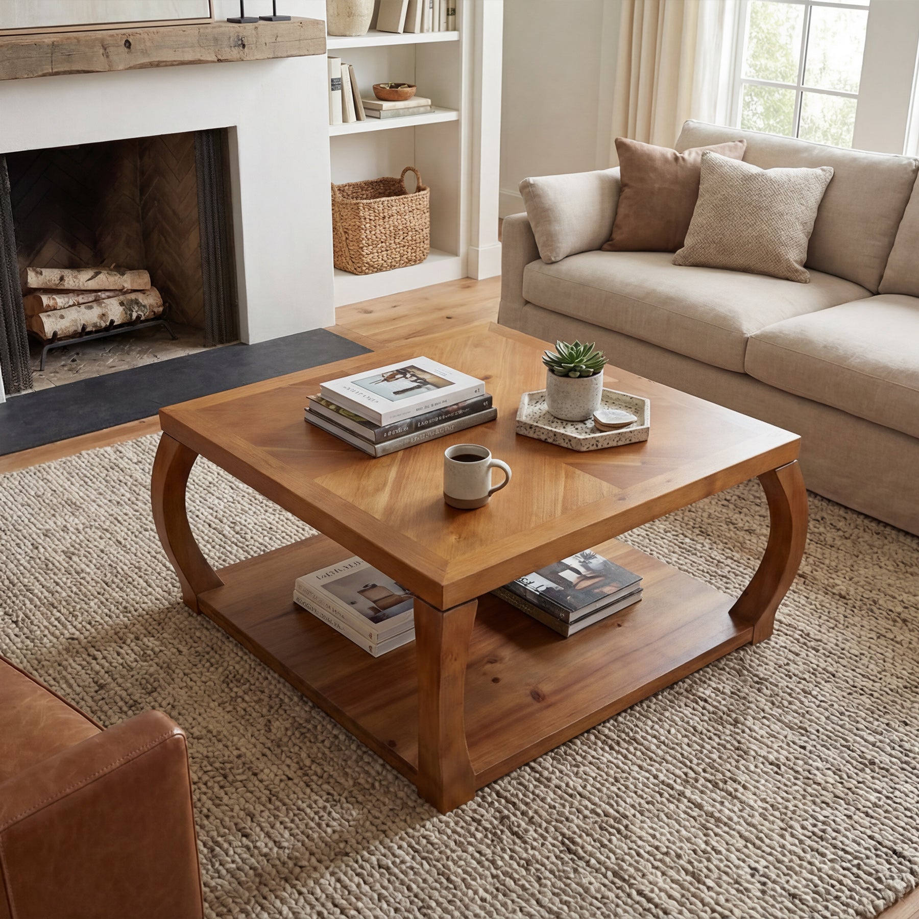Square Solid Wood Coffee Table, 31.5" Center Table With Storage