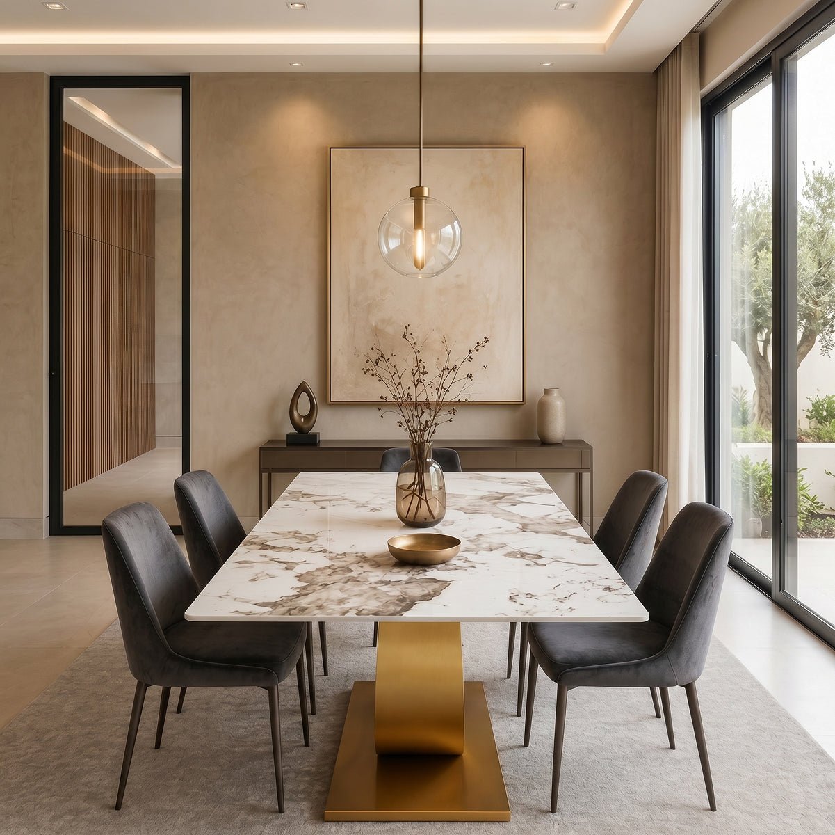 79" Sintered Stone Dining Table with Stainless Steel Pedestal for 8 people Tribesigns