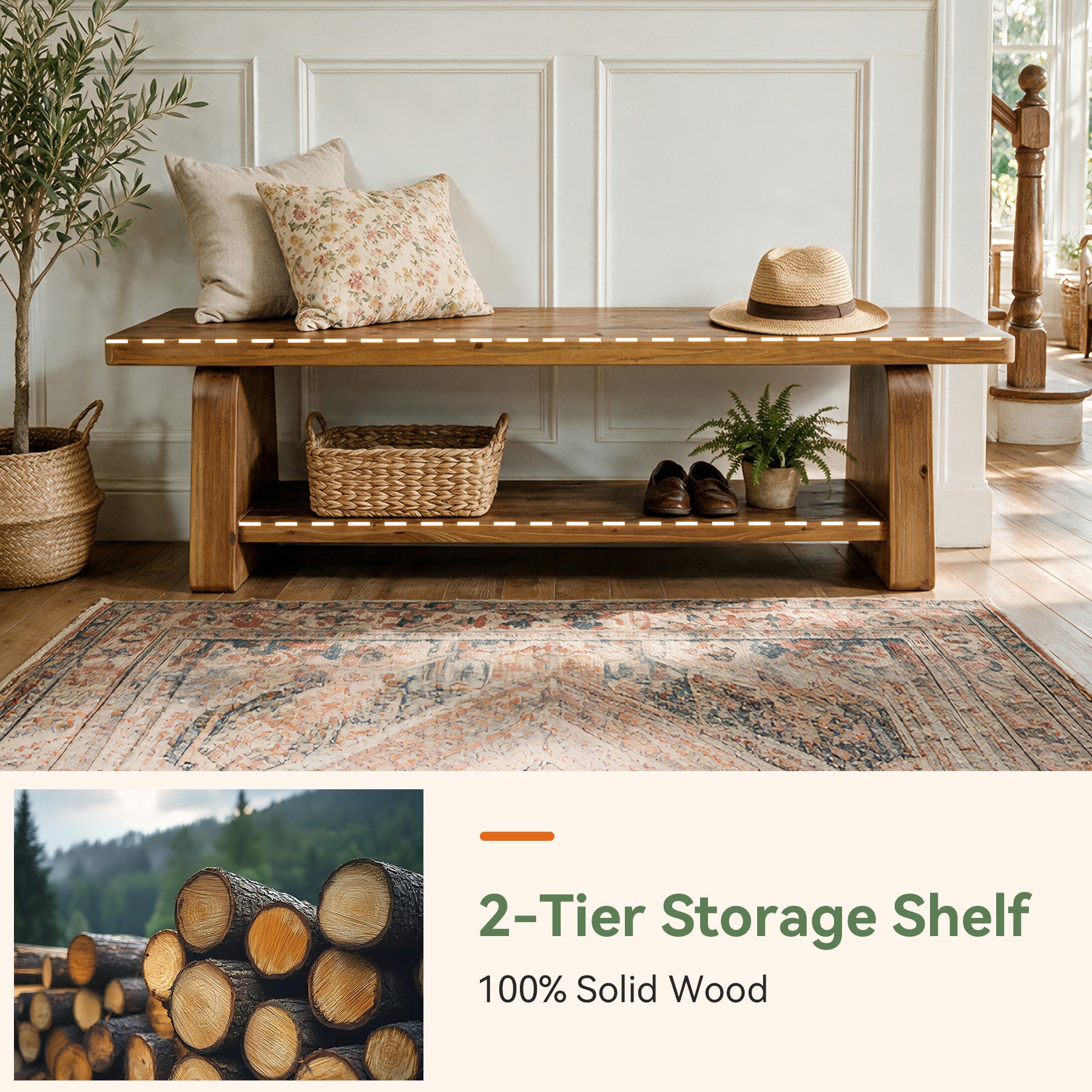63-Inch Solid Wood Entryway Bench, 2-Tier Shoe Bench with Storage for Hallway