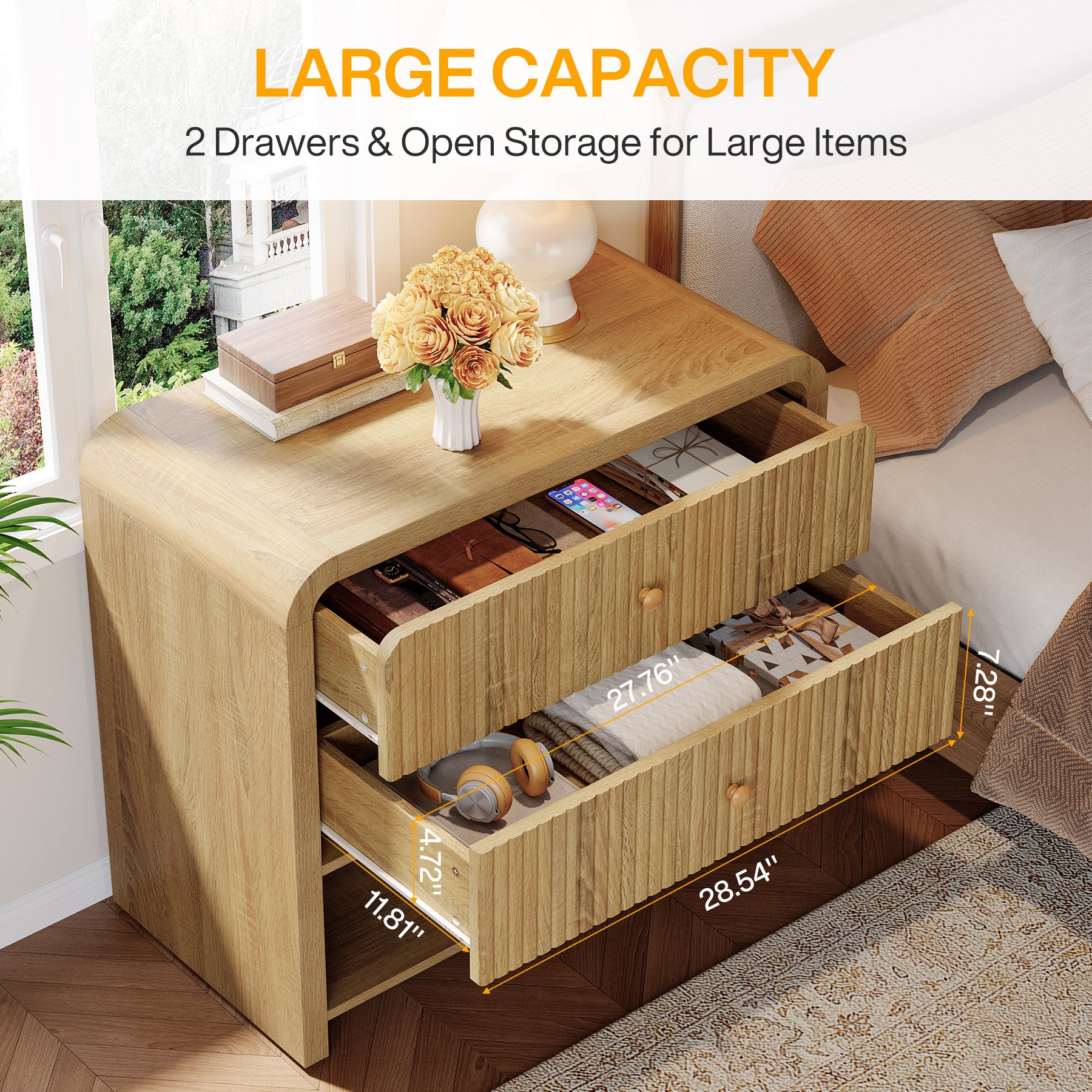 Oversized Nightstand with 2 Drawers, 31.5" Wide Bedside Table with Open Storage