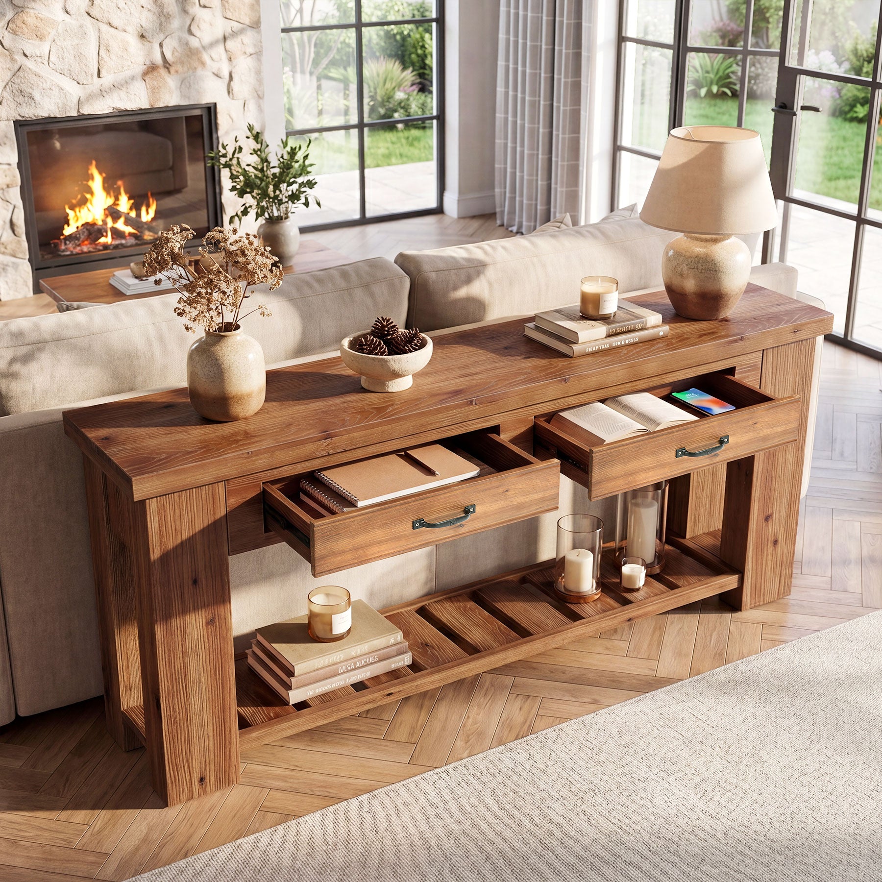 63" Solid Wood Console Table, Entryway Sofa Table with 2 Drawers and Open Slatted Shelf