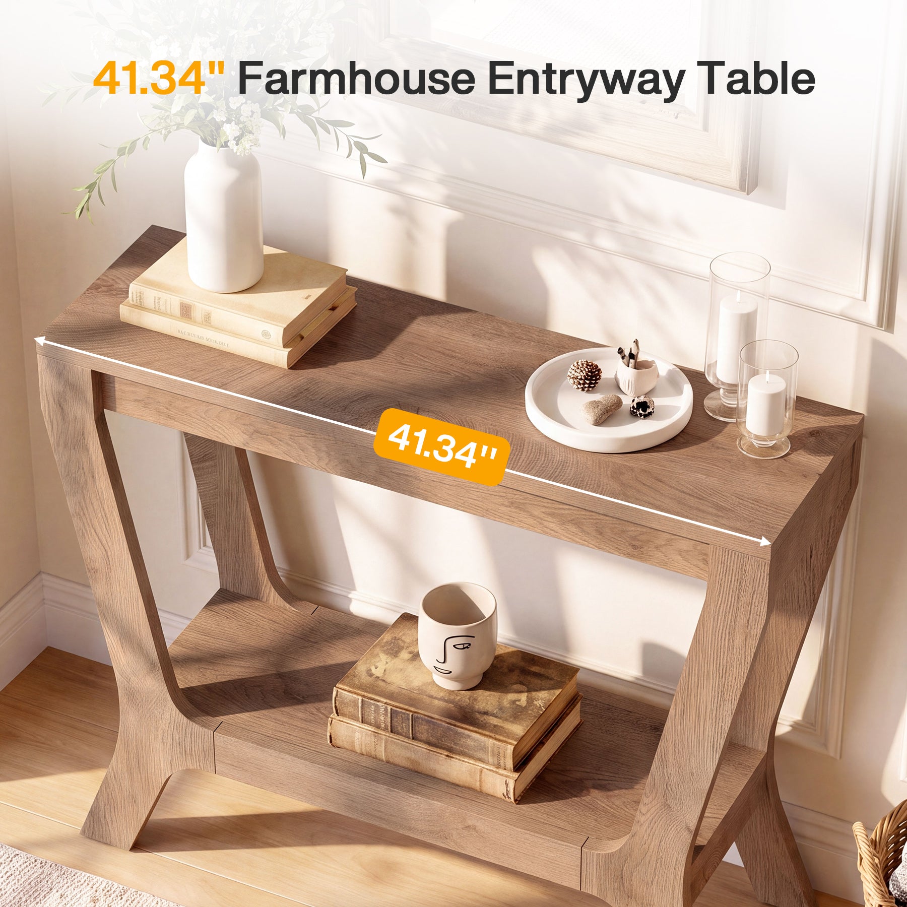 41" Rectangular Console Table, Farmhouse Entryway Table with 2-Tier Storage