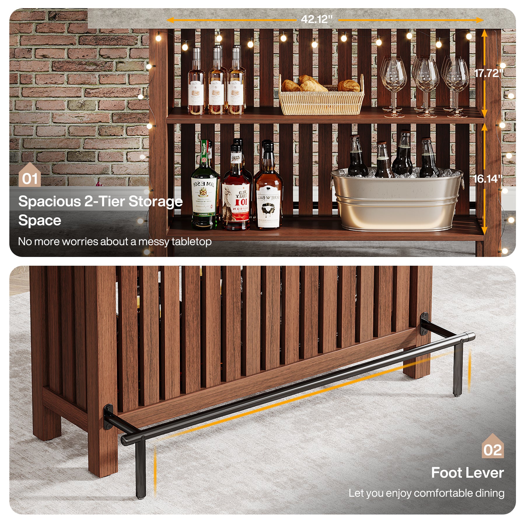 Home Bar Unit, Modern 2-Tier Bar Table with Footrest