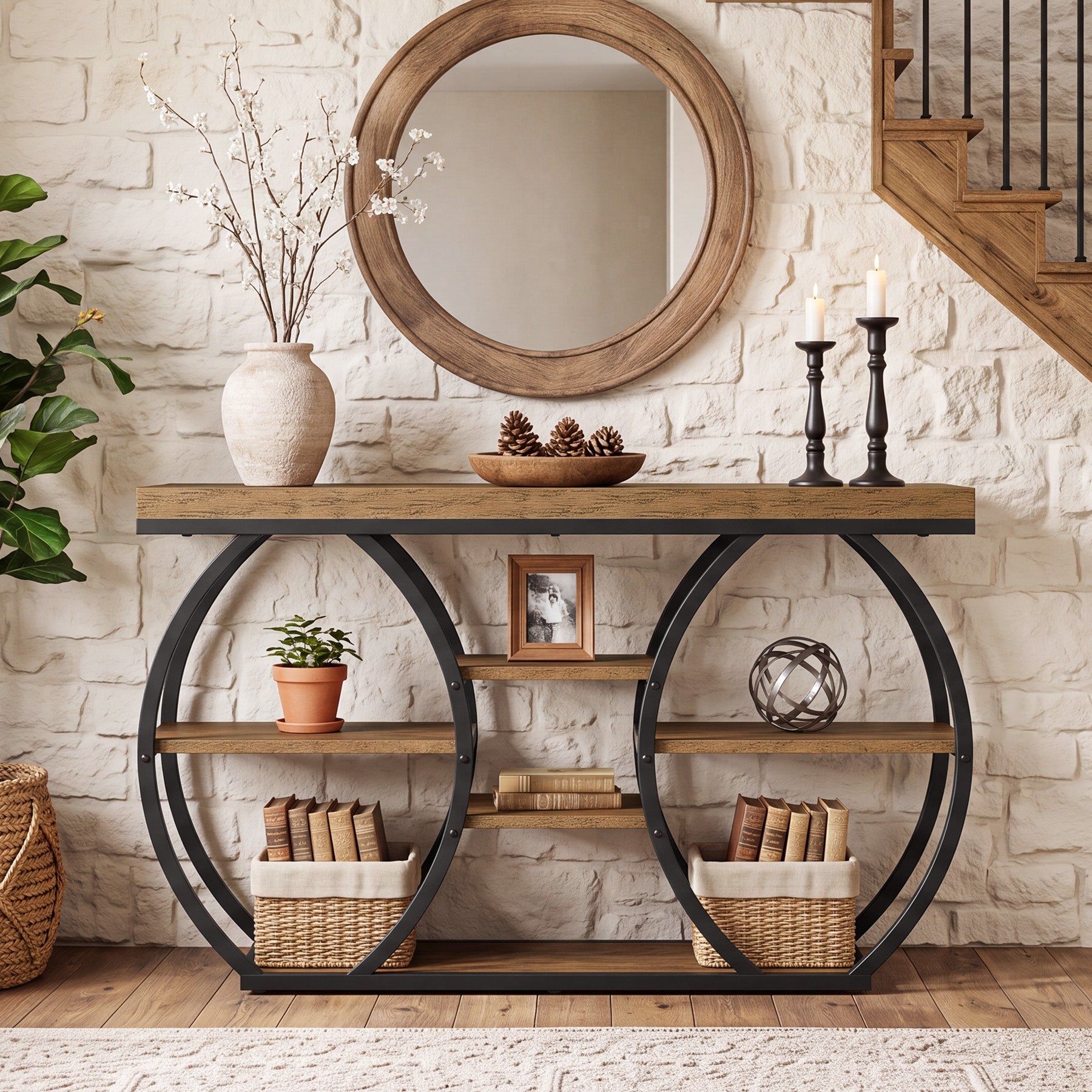 47" Console Table, 4-Tier Narrow Sofa Table with Artistic Curved Metal Frame for Entryway