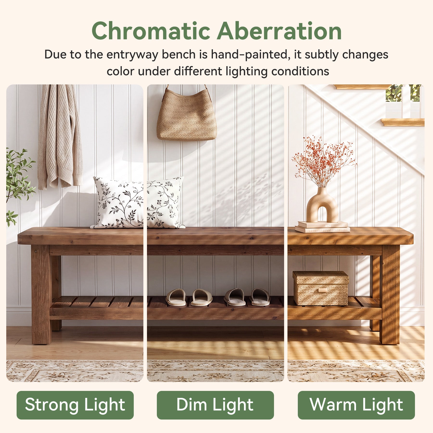 63" Solid Wood Entryway Bench with Storage, 2-Tier Farmhouse Shoe Bench for Hallway