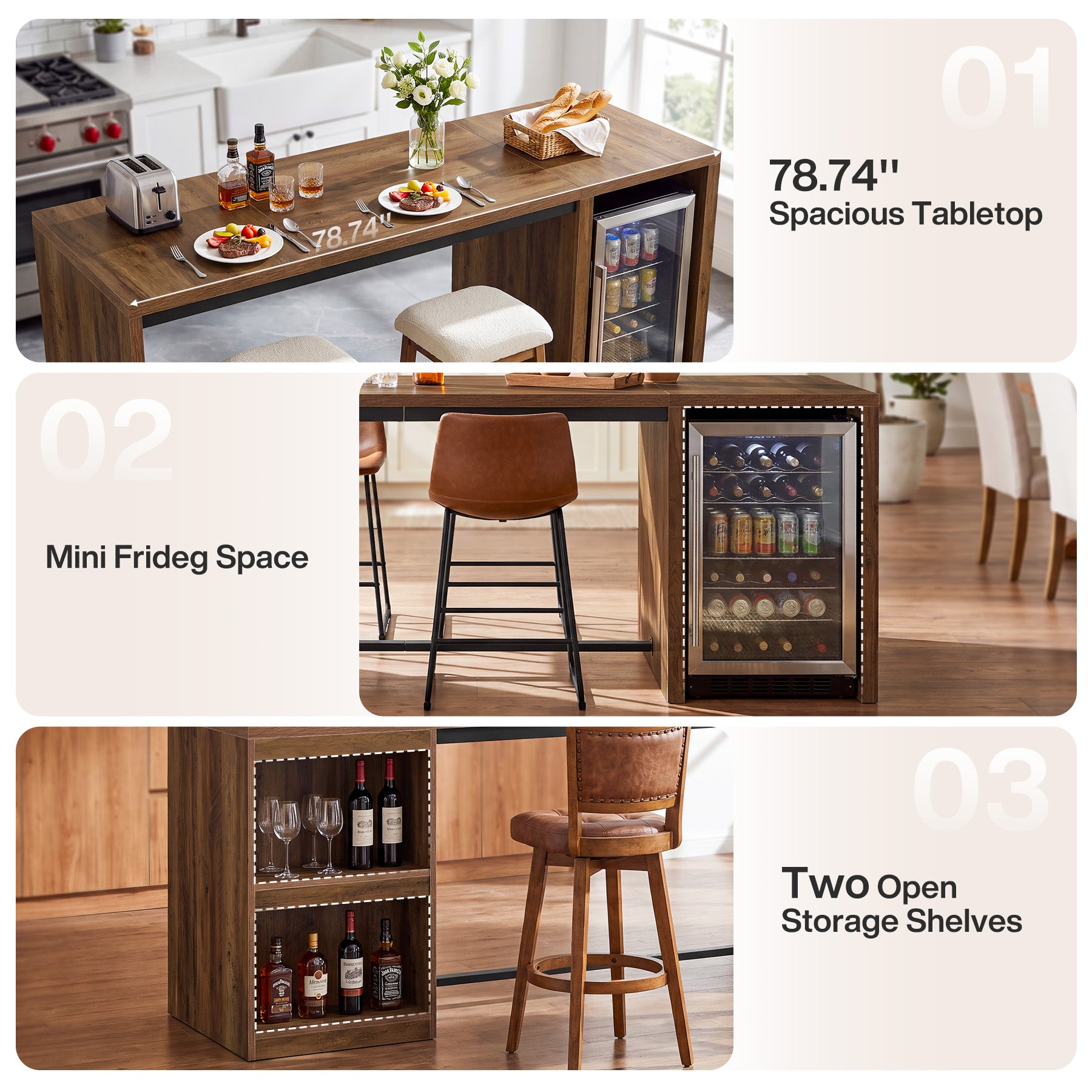 78.74" Bar Table, Large Counter Height Dining Table with Mini Fridge Space & 2 Shelves