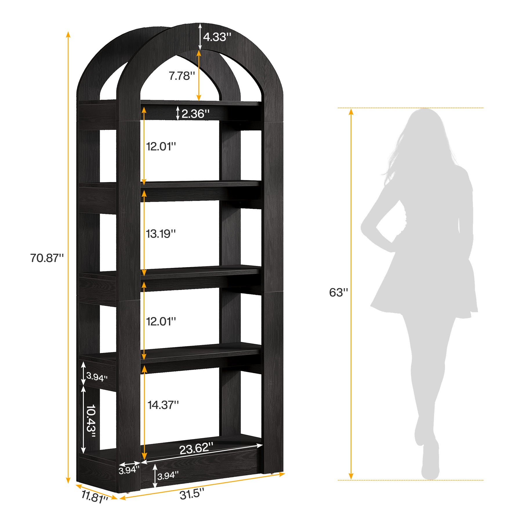 5-Tier Wooden Bookshelf with Arched Top, Tall Display Bookcase Shelf