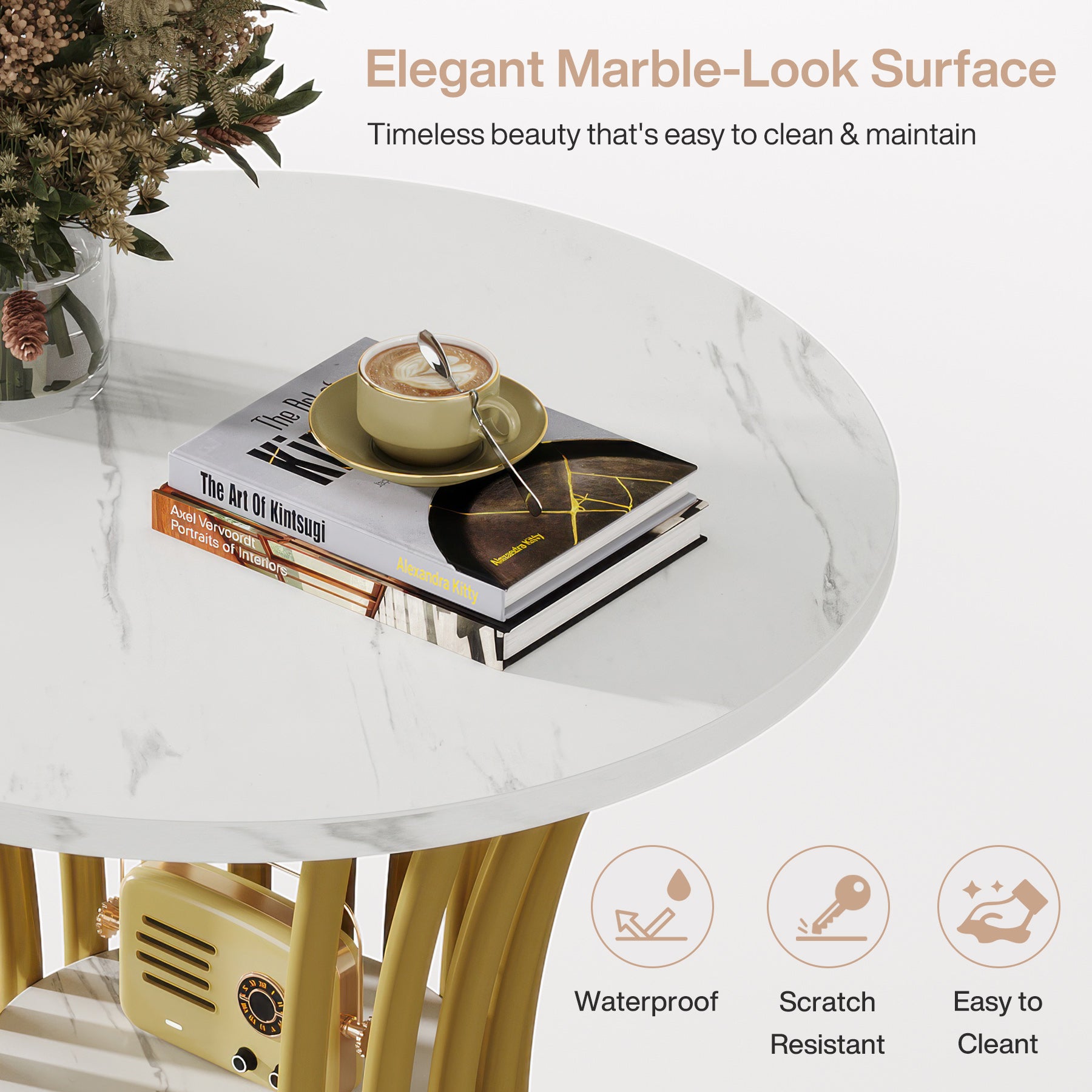 19" Round Faux Marble End Table, 2-Tier Modern Side Table, Indoor Outdoor, Living Room Patio