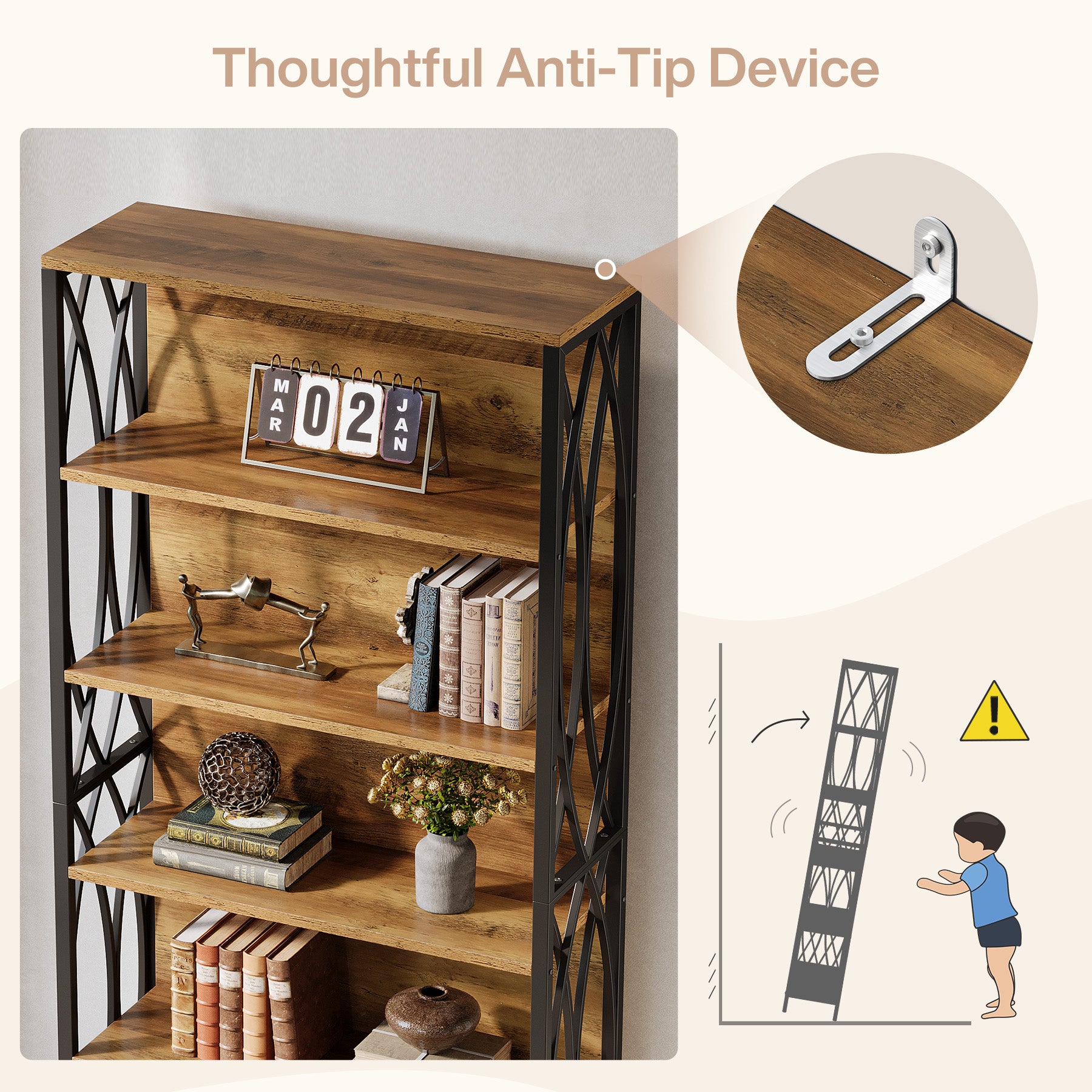 6-Tier Bookshelf, 70.87" Industrial Bookcase with Geometric Metal Frame