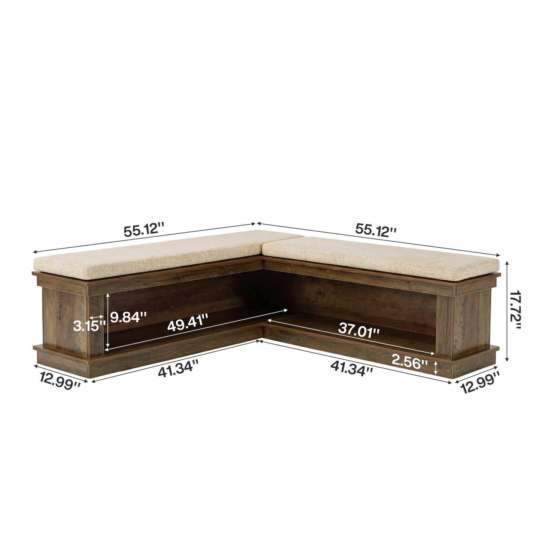 L-Shaped Storage Bench with Cushion, 63" Entryway Shoe Bench with Open Shelves