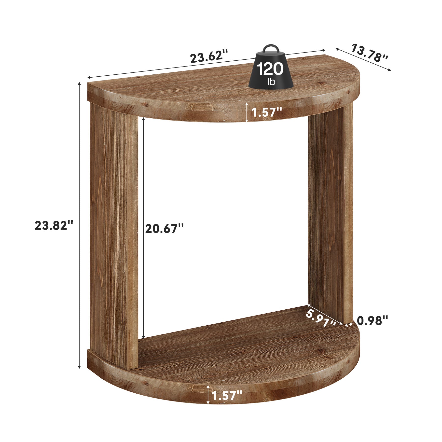 Half Moon End Table with Storage Shelf, Solid Wood Farmhouse Side Table, 2-Tier Shelves, Living Room & Bedroom