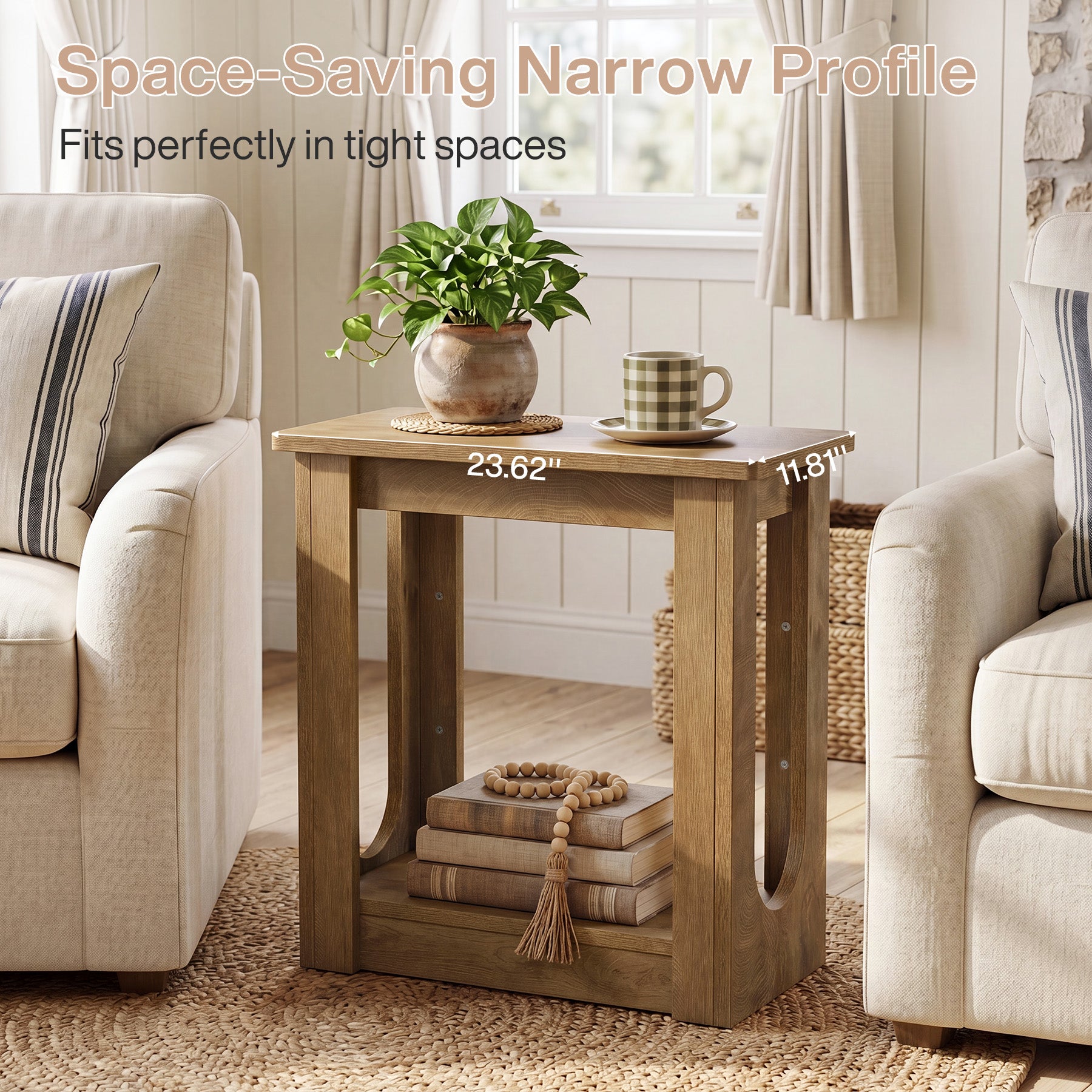 23.62" End Table with Storage Shelves, Narrow Side Table Nightstand for Living Room