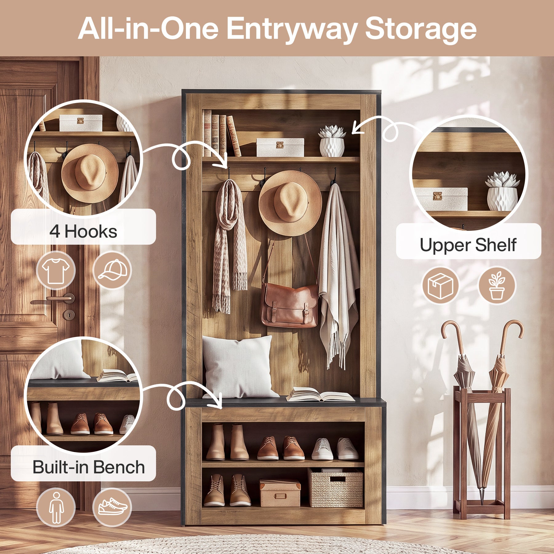 70.8" Tall Farmhouse Hall Tree with Shoe Bench & 4 Hooks, 4-in-1 Entryway Coat Rack Organizer
