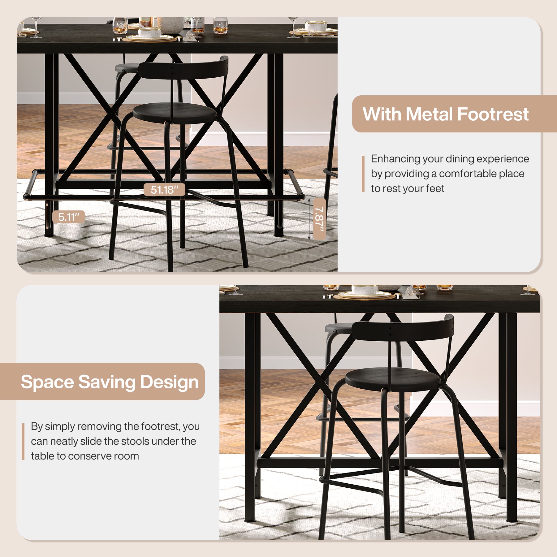 63" Rectangular Dining Table for 6, Counter-Height Kitchen Table with Metal Legs