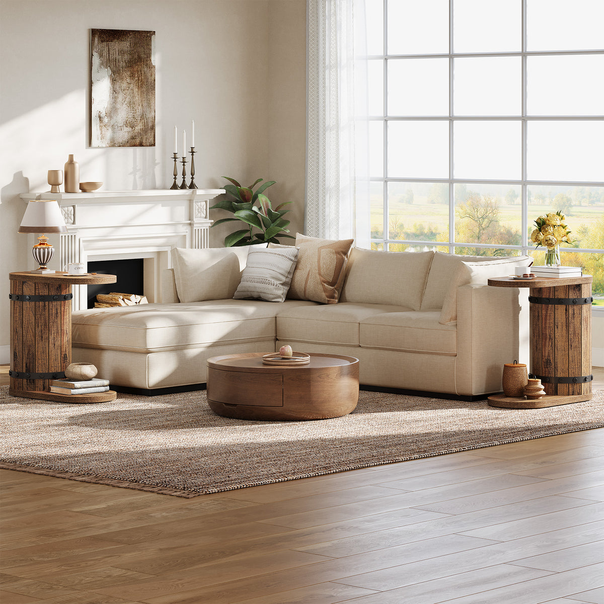 24" Barrel C-Shape Side Table, 2-Tier End Table, Narrow Nightstand for Couch, Living Room