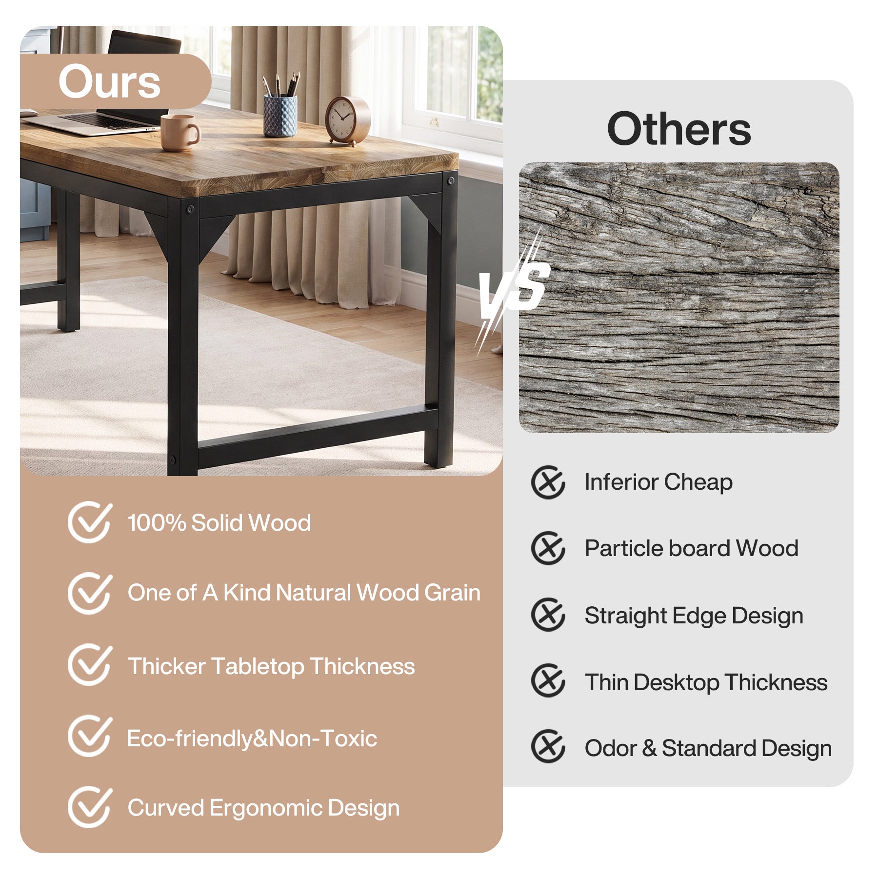 63" Solid Wood Office Desk, Heavy-Duty Computer Desk with Metal Frame
