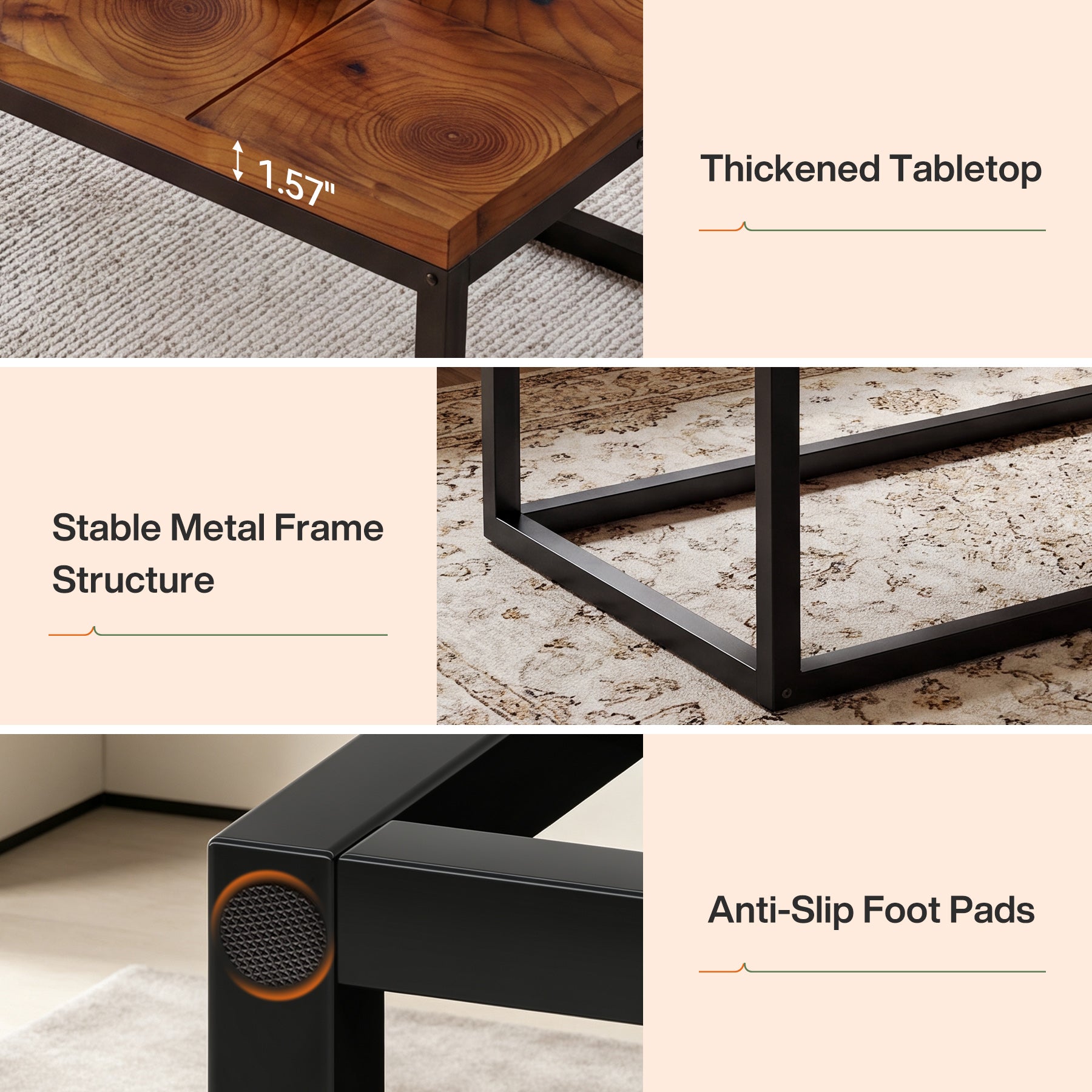 47" Rectangle Coffee Table, Solid Wood Industrial Center Table with Metal Frame